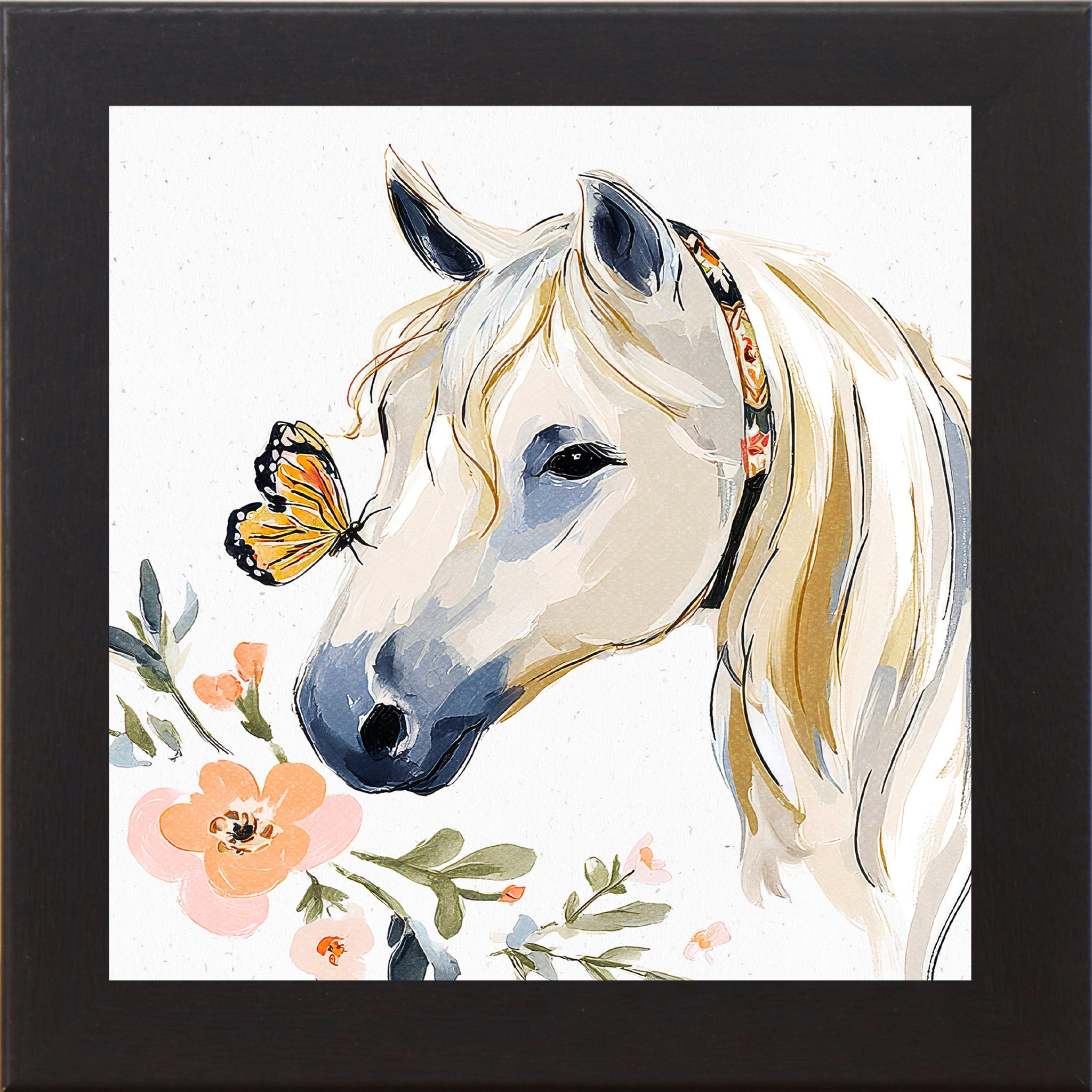 Black framed square watercolor horse wall art featuring a white horse with a monarch butterfly on its nose surrounded by peach florals and a boho floral headstall on a white background