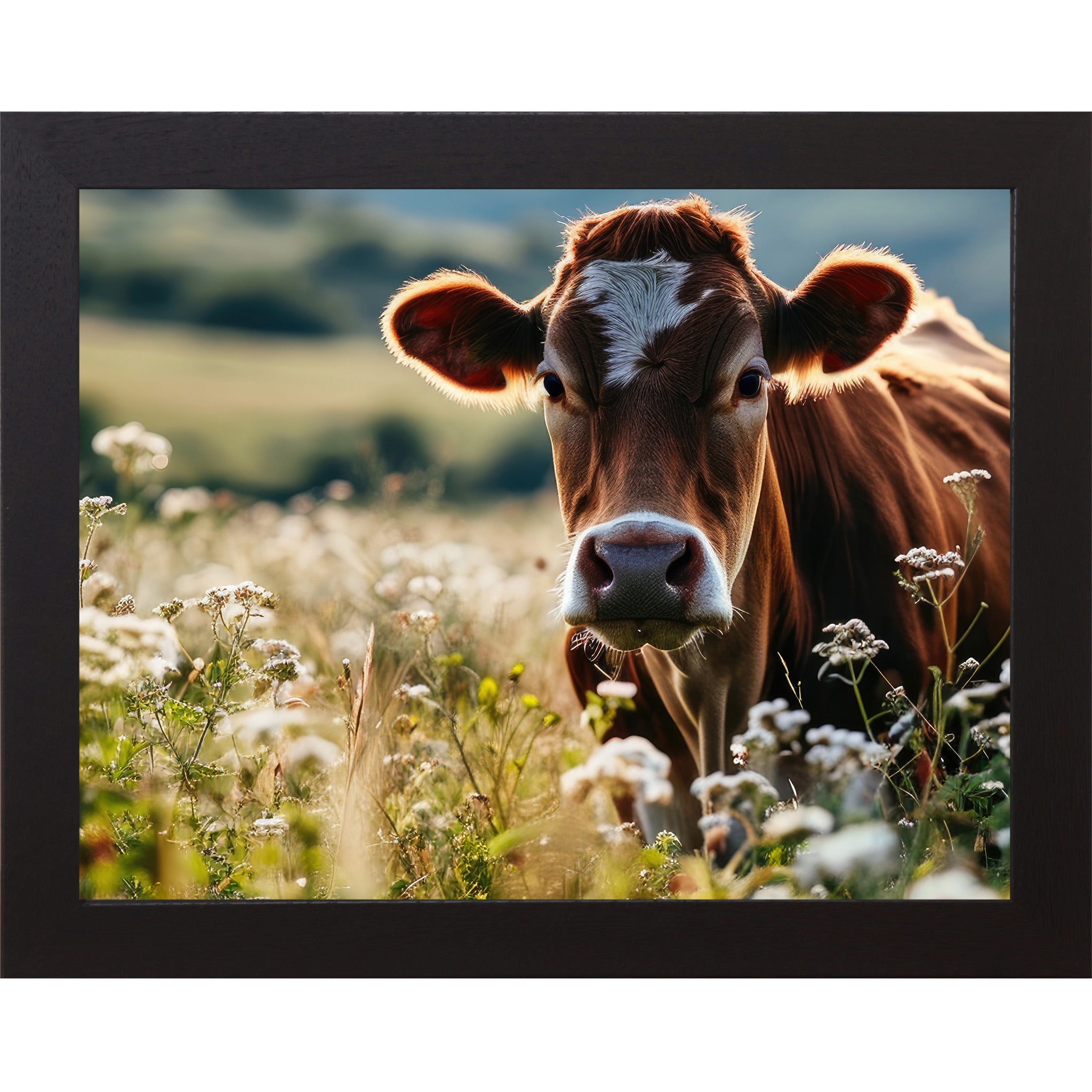 Black framed horizontal farmhouse wall art featuring a close-up Jersey cow surrounded by white wildflowers in a sunny meadow with rolling green hills