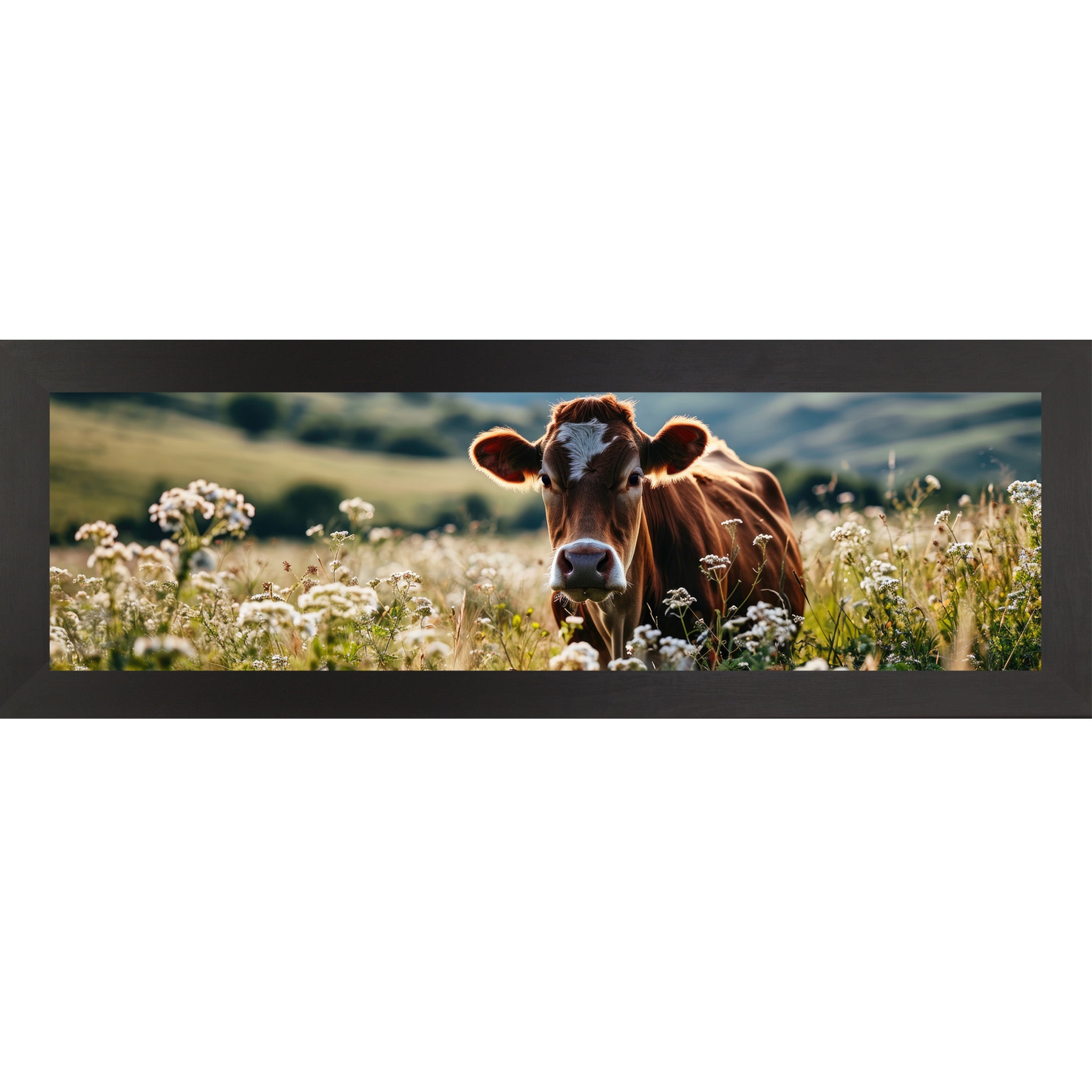 Black framed wide panoramic farmhouse wall art featuring a Jersey cow surrounded by white wildflowers in a sunny meadow with rolling green hills in the background