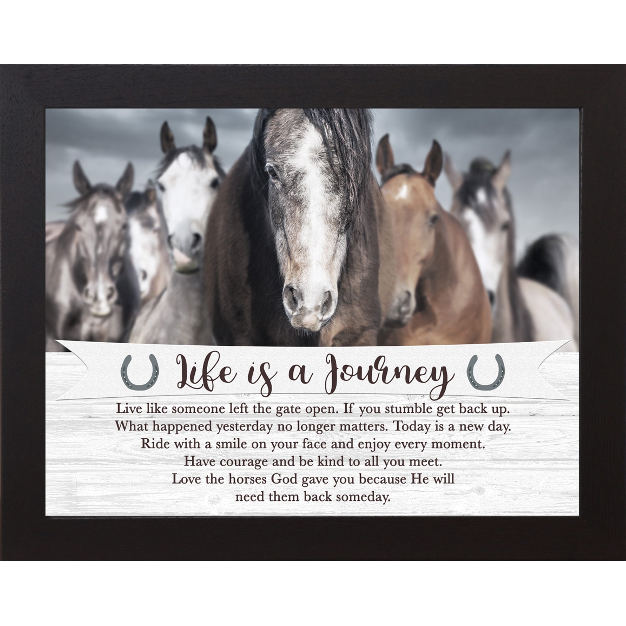 Black framed horizontal equestrian wall art featuring a herd of horses under a dramatic stormy sky with a pallet wood banner reading Life is a Journey inspirational quote