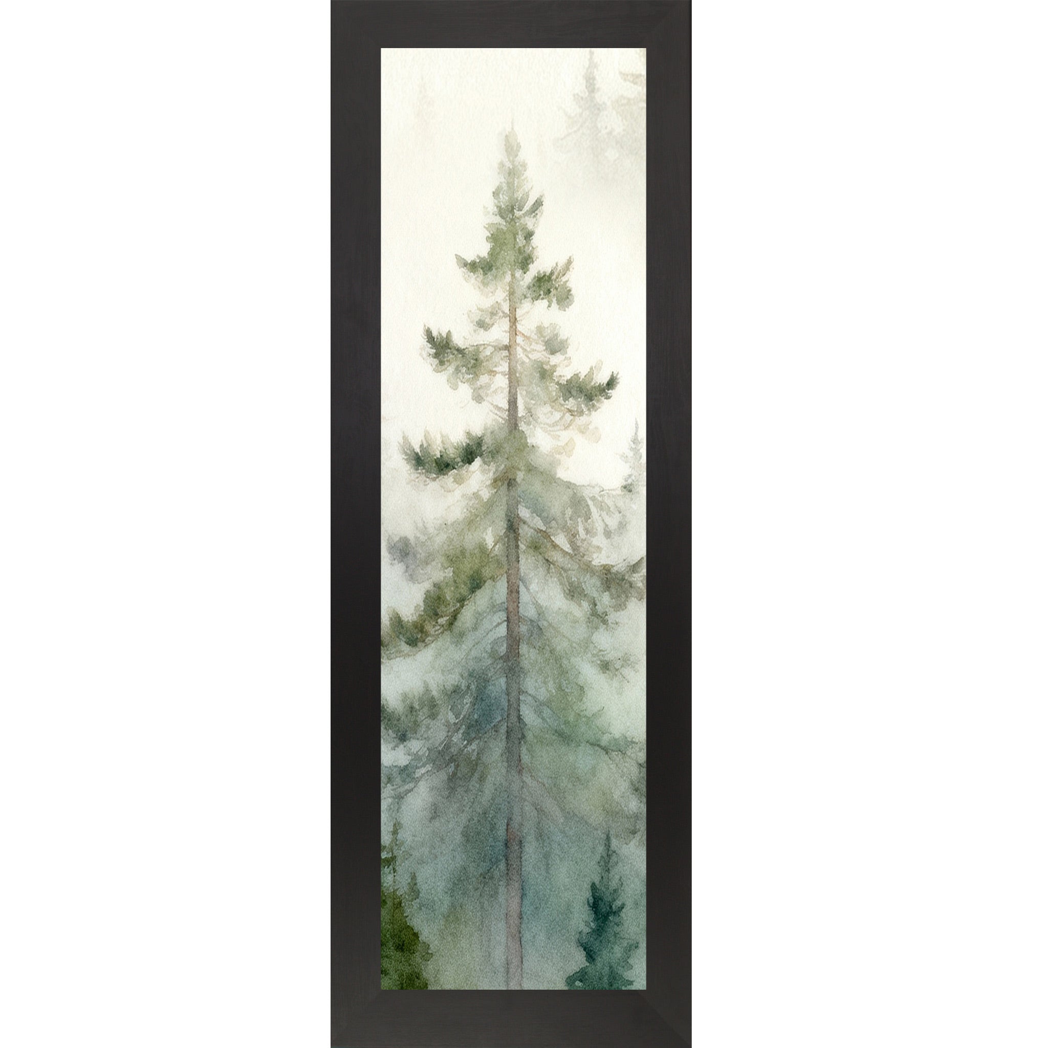 Black framed narrow portrait watercolor pine forest wall art with single tall evergreen rising through soft morning mist against a sage green and cream misty forest background