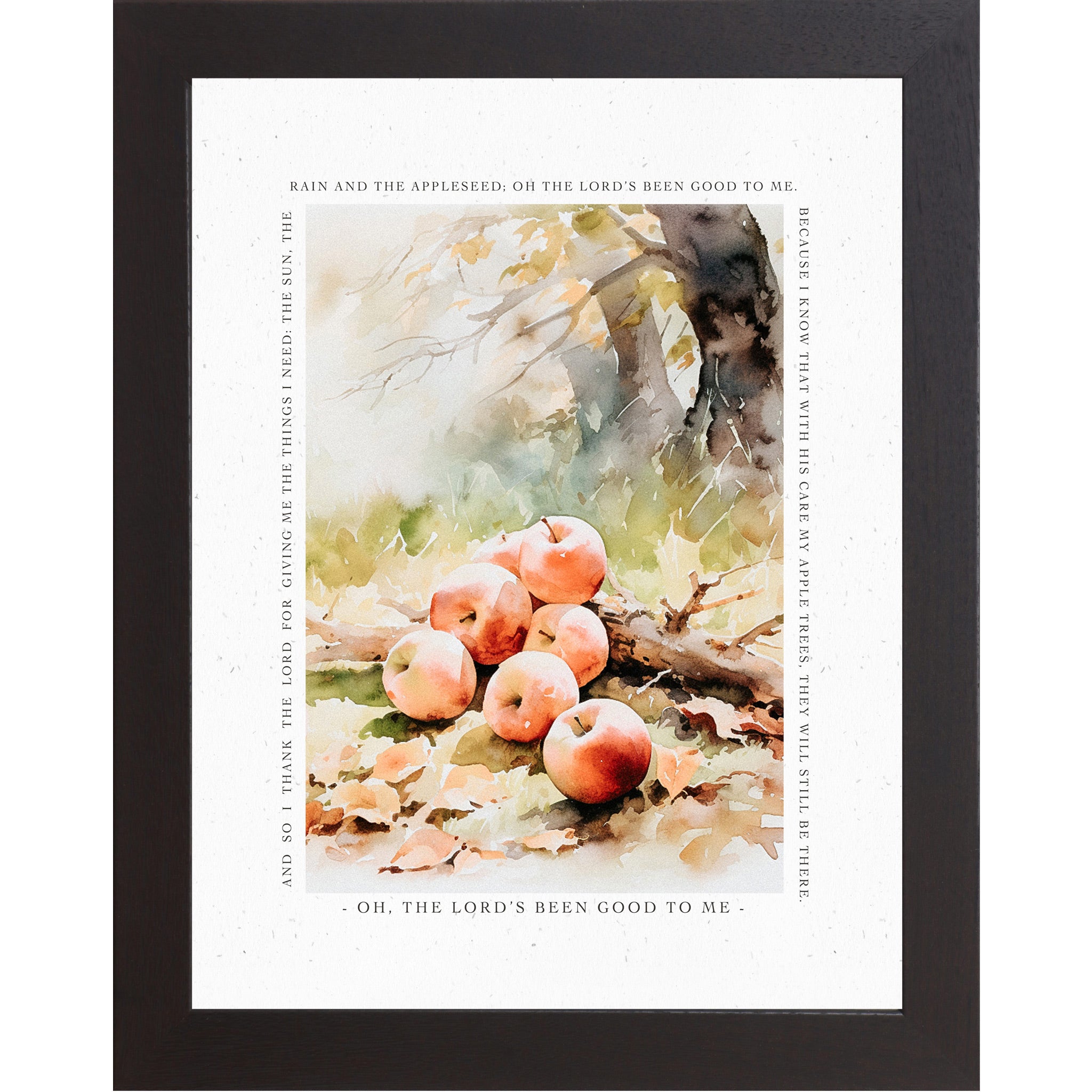 Black framed portrait Christian fall wall art featuring watercolor red apples under autumn tree on golden fall leaves surrounded by complete Johnny Appleseed prayer border — Oh The Lord's Been Good To Me — SN396