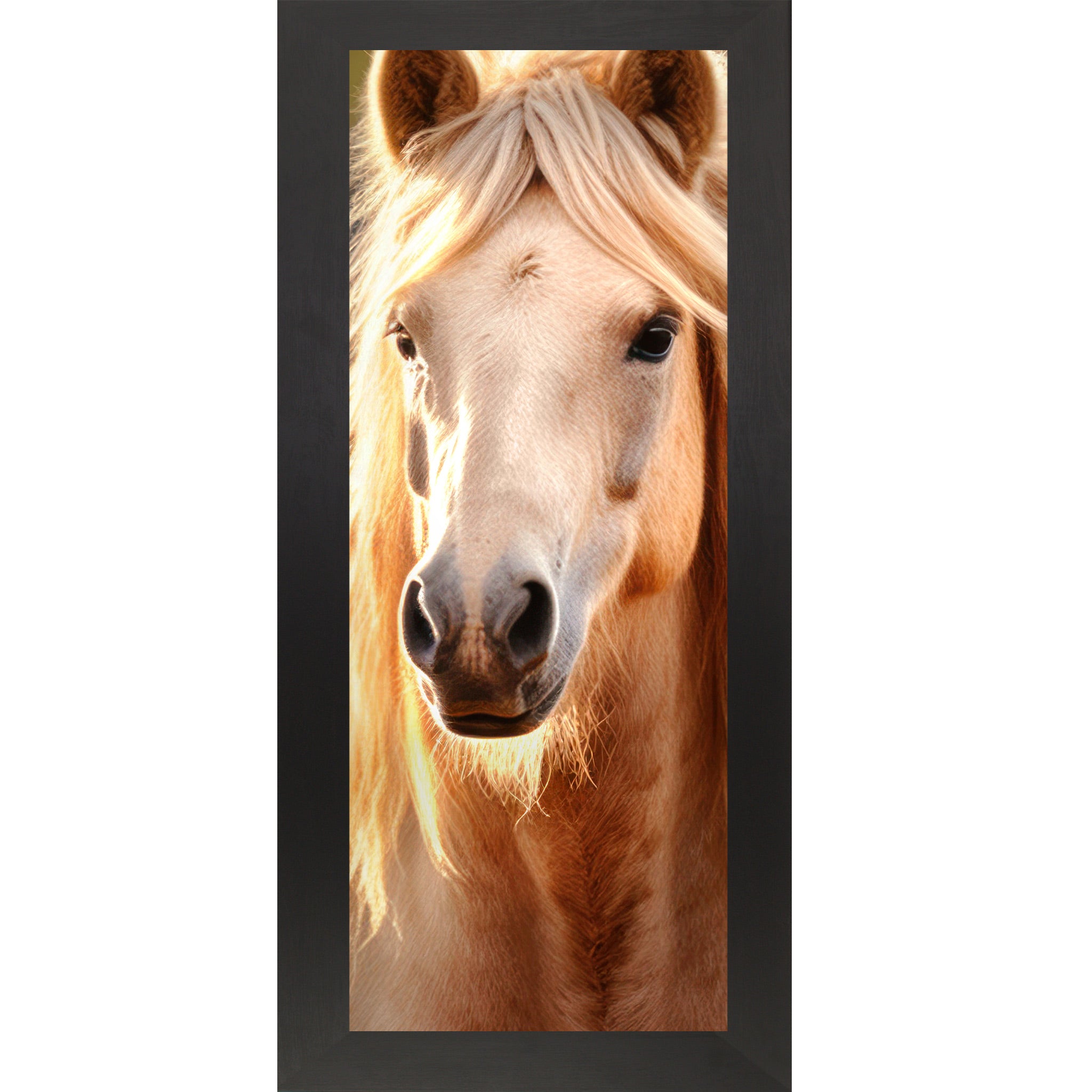 Black framed narrow portrait palomino horse wall art featuring a golden mane palomino horse with direct eye contact, warm backlit glow, and cream mane cascading on both sides