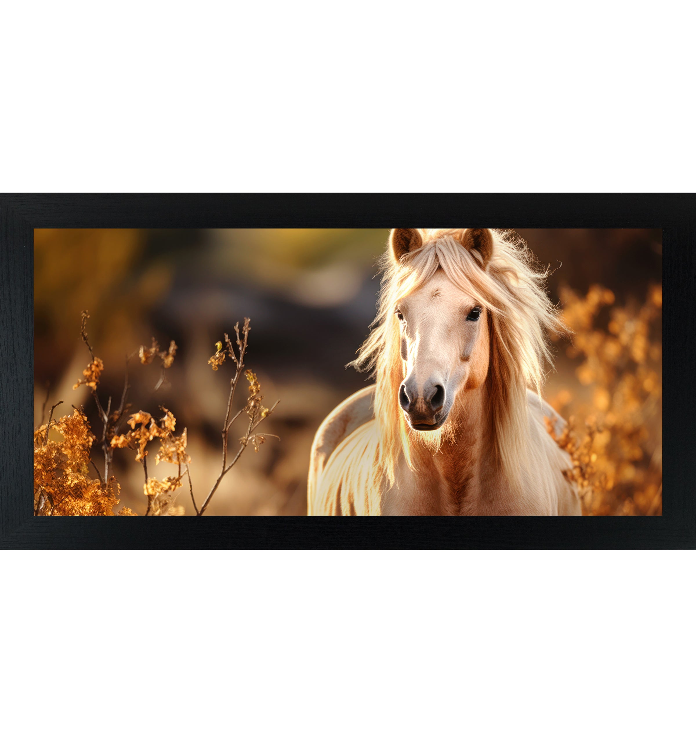 Black framed wide landscape palomino horse wall art featuring a glowing golden palomino with flowing mane surrounded by warm amber autumn foliage against a dark bokeh background