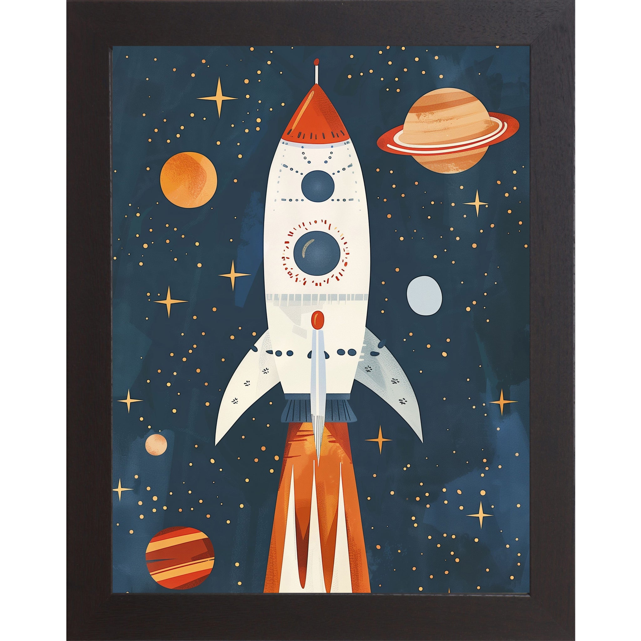 Black framed portrait space wall art featuring a vivid rocket ship blasting off through a star-filled navy sky with glowing planets — SB265