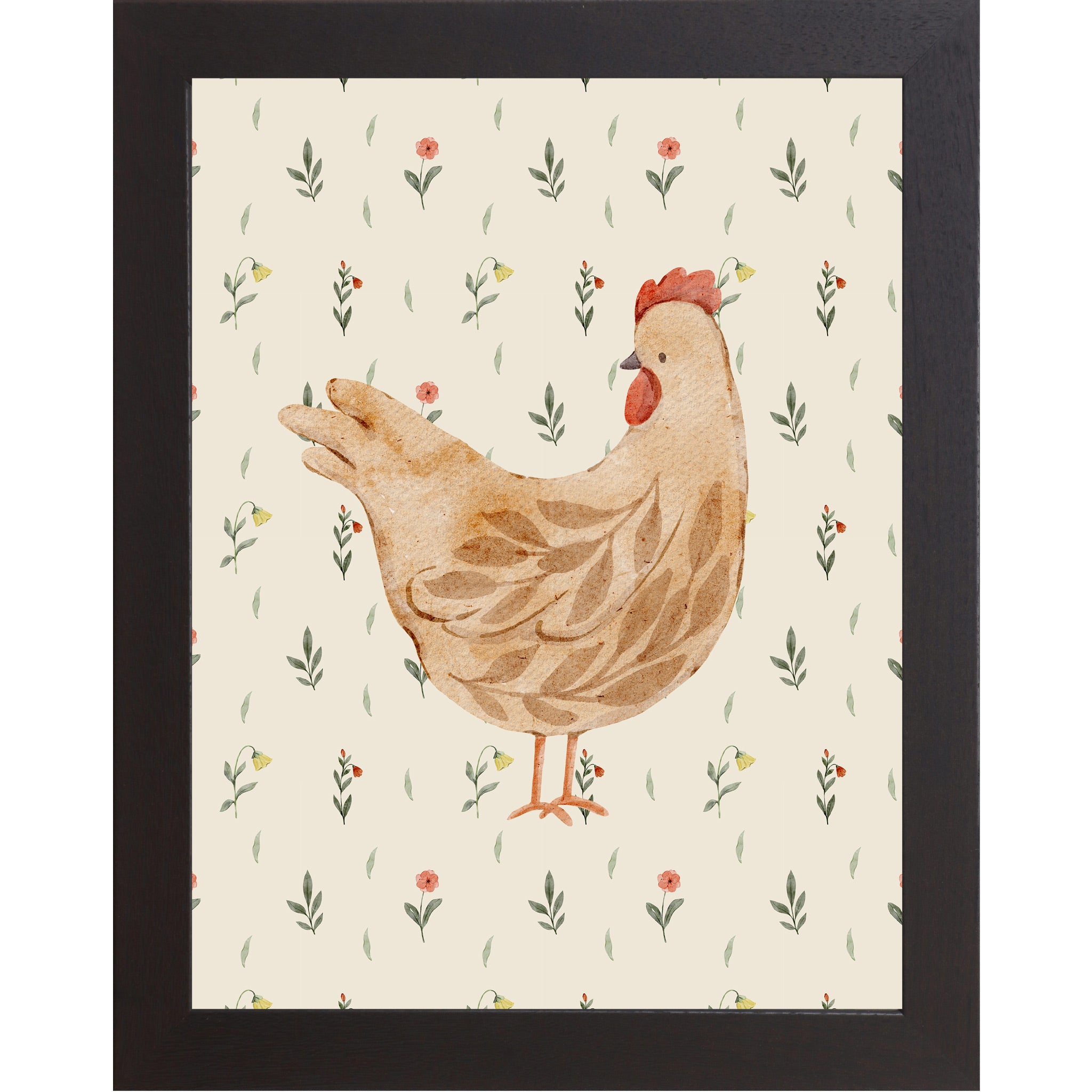 Black framed vertical farmhouse wall art featuring a soft cream watercolor hen left-facing with botanical leaf body pattern on a cream background with tiny red wildflowers and green leaves