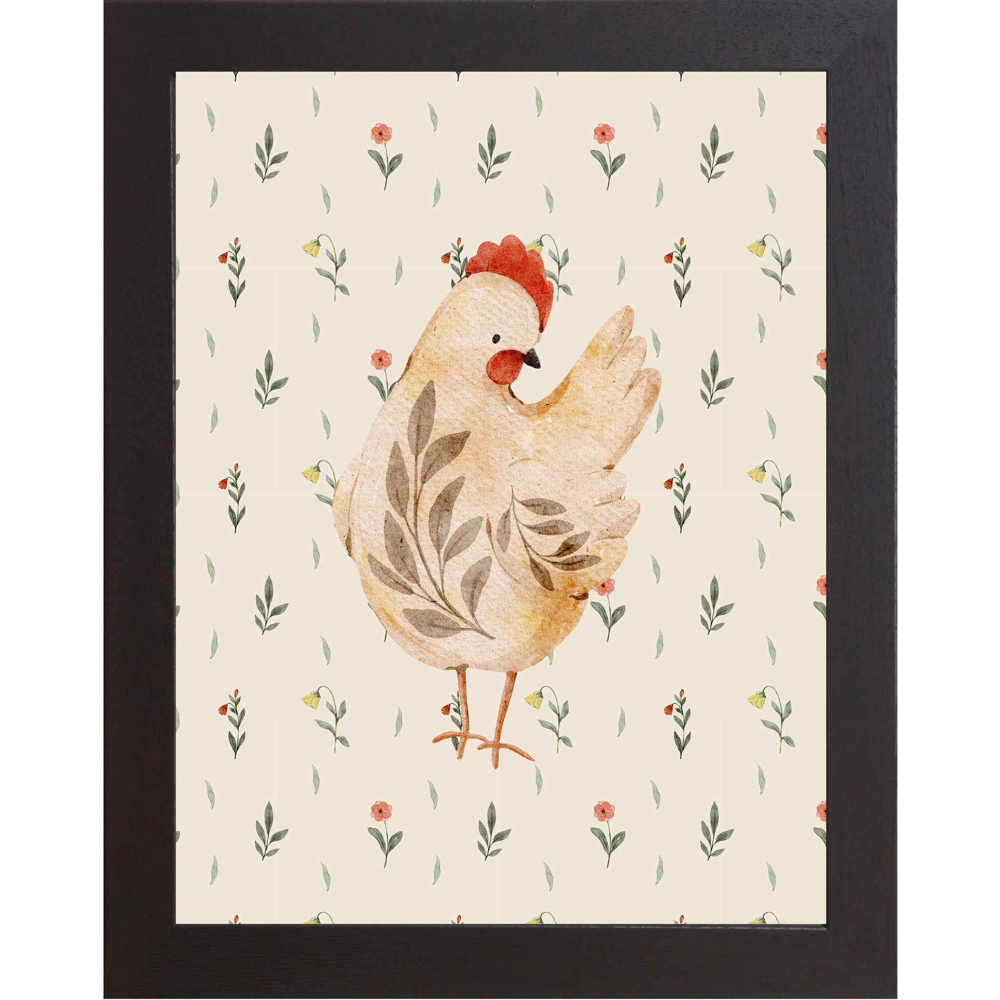 Black framed vertical farmhouse wall art featuring a warm golden-brown watercolor hen right-facing on a cream background with tiny red wildflowers and green leaves
