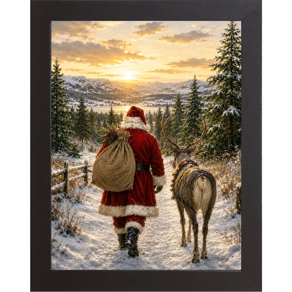 Black framed portrait heritage Christmas wall art featuring Santa walking a snowy mountain path at sunrise beside a reindeer