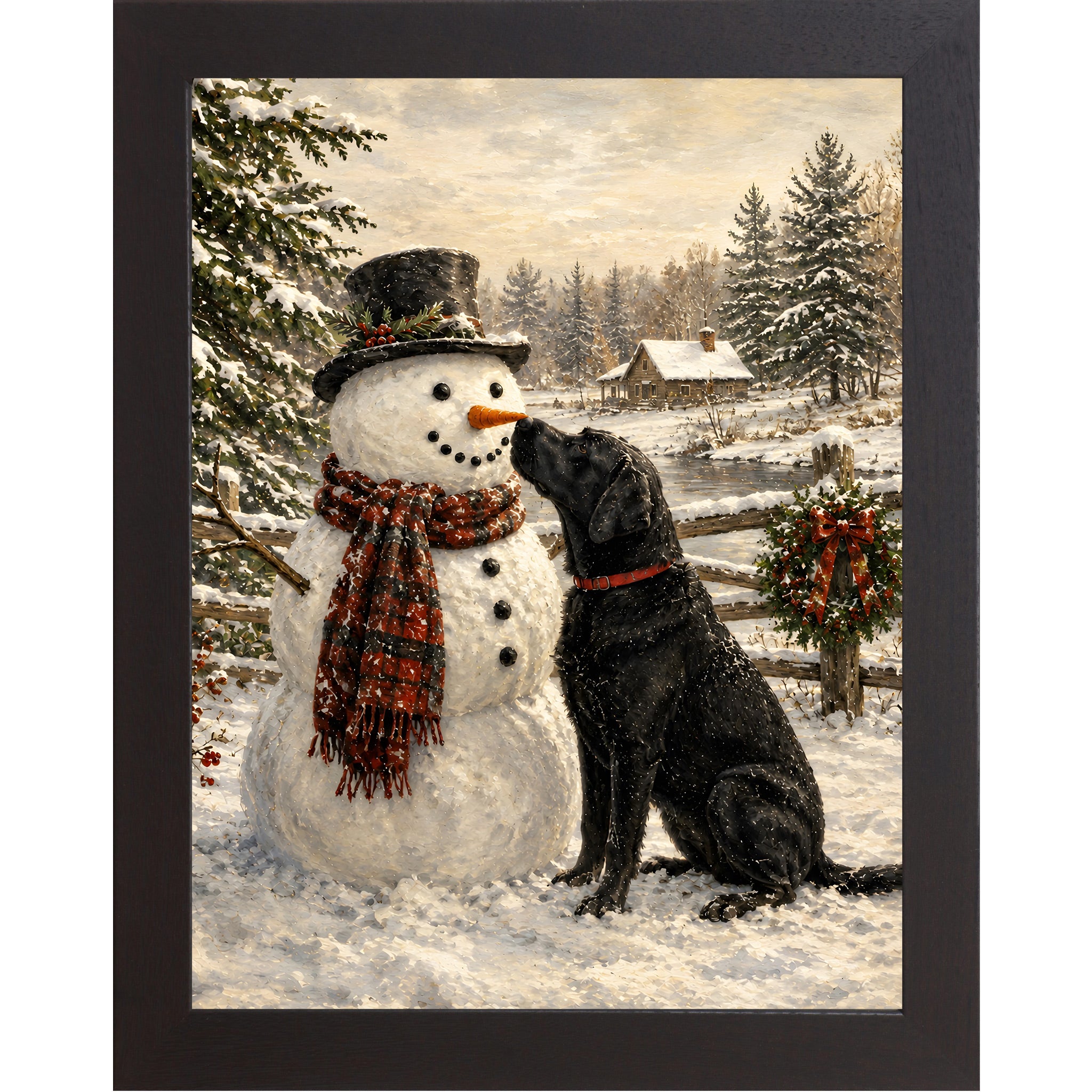 Black framed portrait heritage Christmas wall art featuring a black Labrador nosing a top-hatted snowman in a plaid scarf against a snowy countryside scene