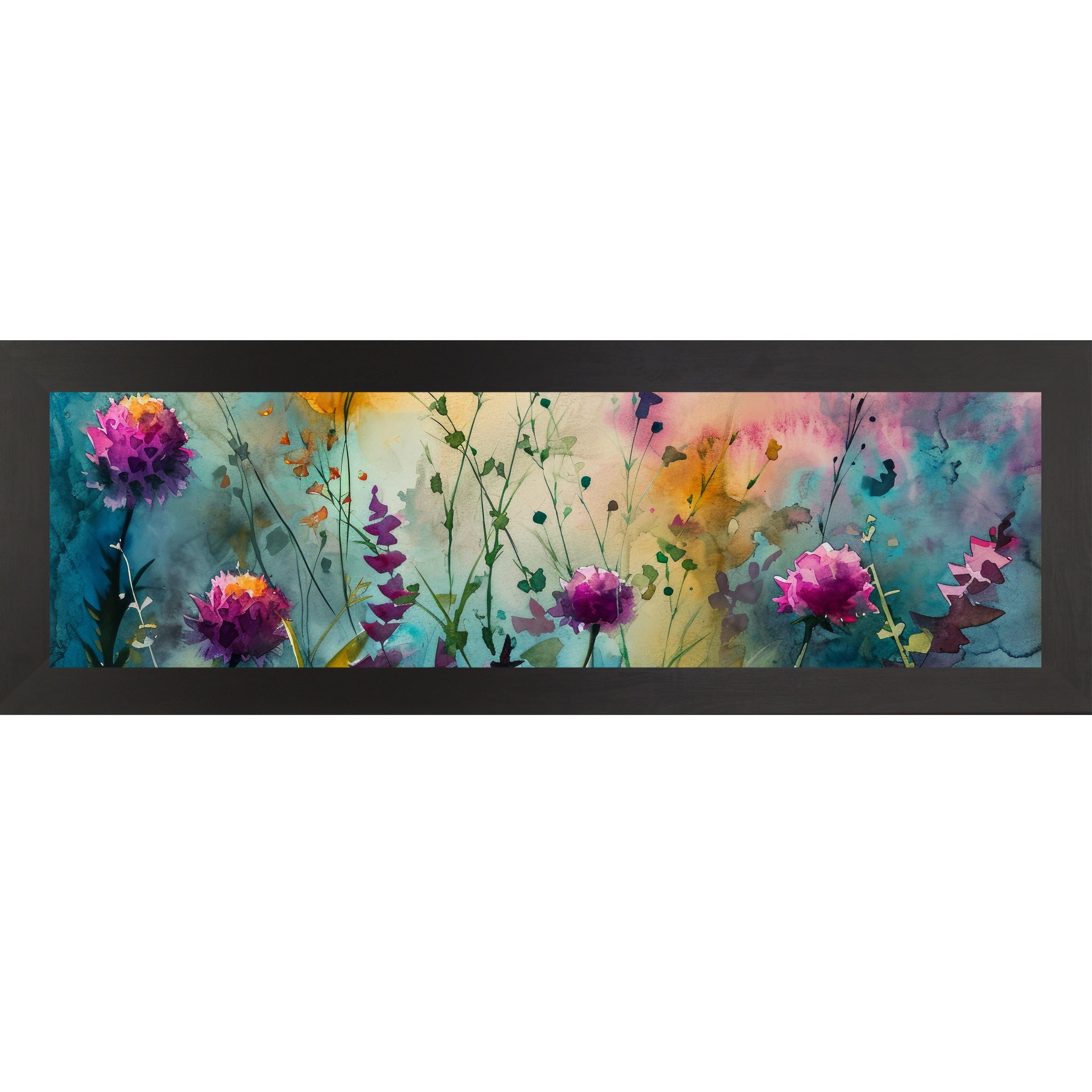 Black framed wide landscape watercolor wildflower wall art with purple and magenta blooms across a sweeping teal gold and pink meadow background