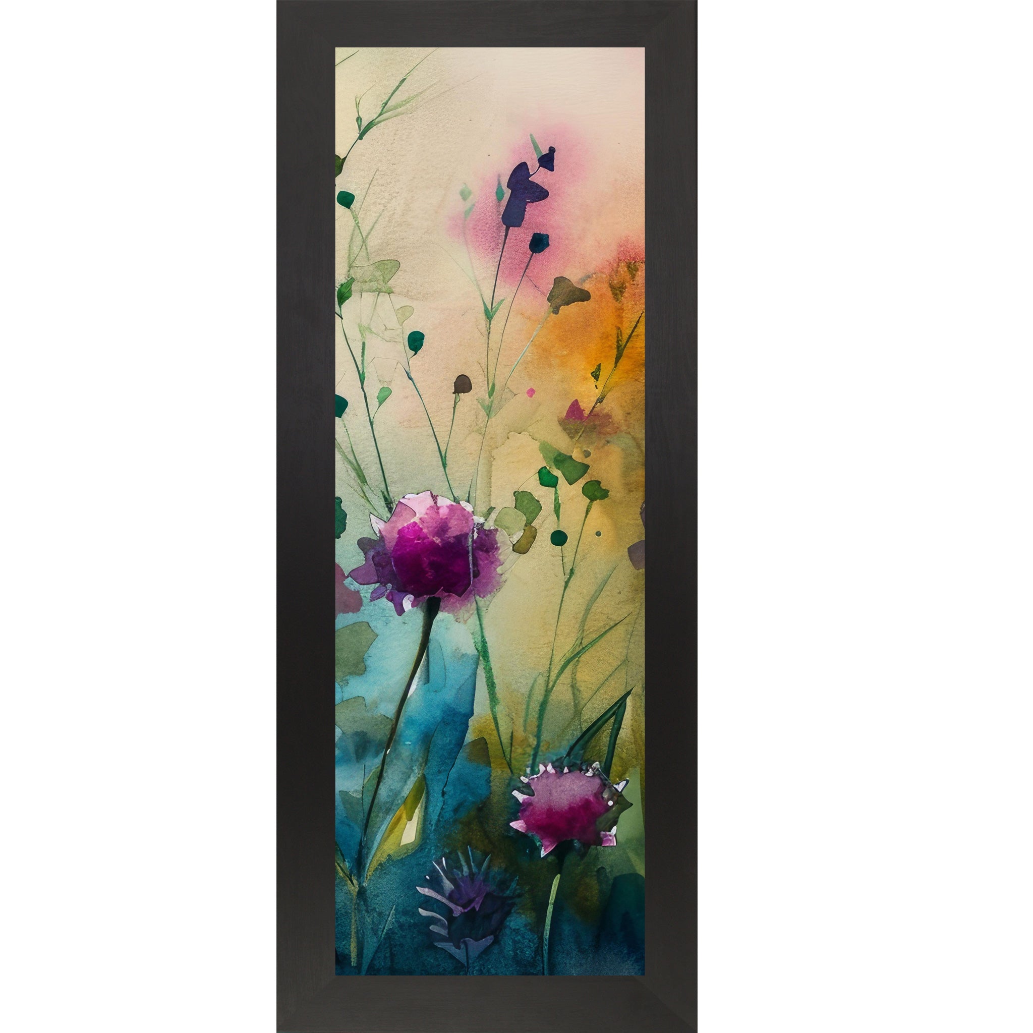 Black framed narrow portrait watercolor wildflower wall art with magenta peonies rising from a teal garden base against a warm peach and pink background