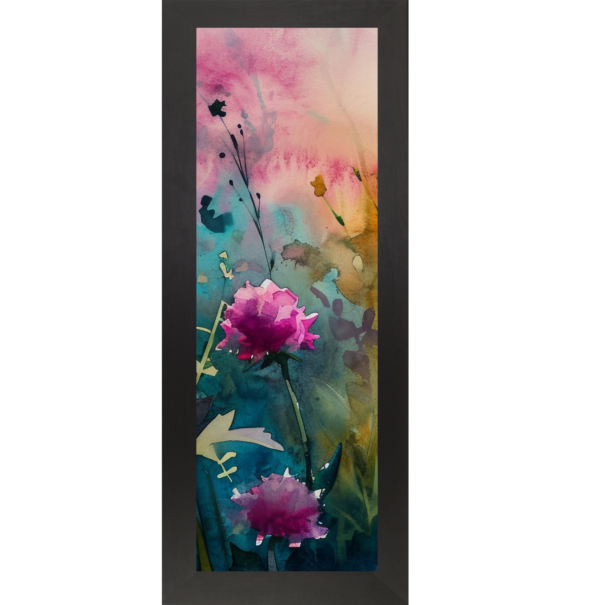 Black framed narrow portrait watercolor wildflower wall art with a large open magenta peony against a hot pink teal and orange background with dramatic ink-style stems