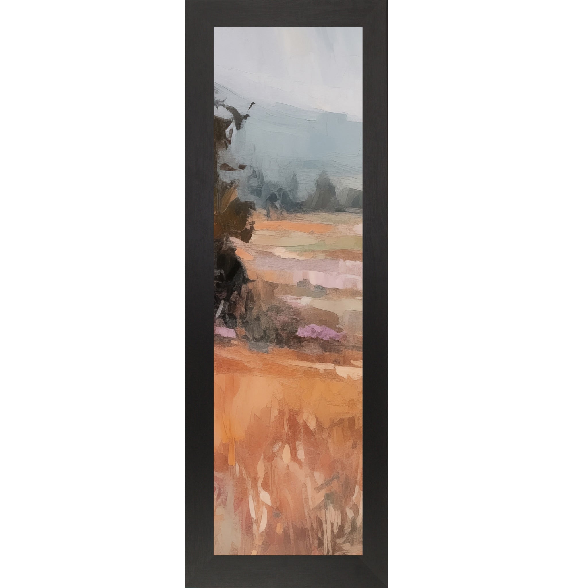 Black framed narrow portrait abstract terracotta landscape wall art with moody blue-grey sky dark tree left edge and warm amber field with purple lavender midground tones