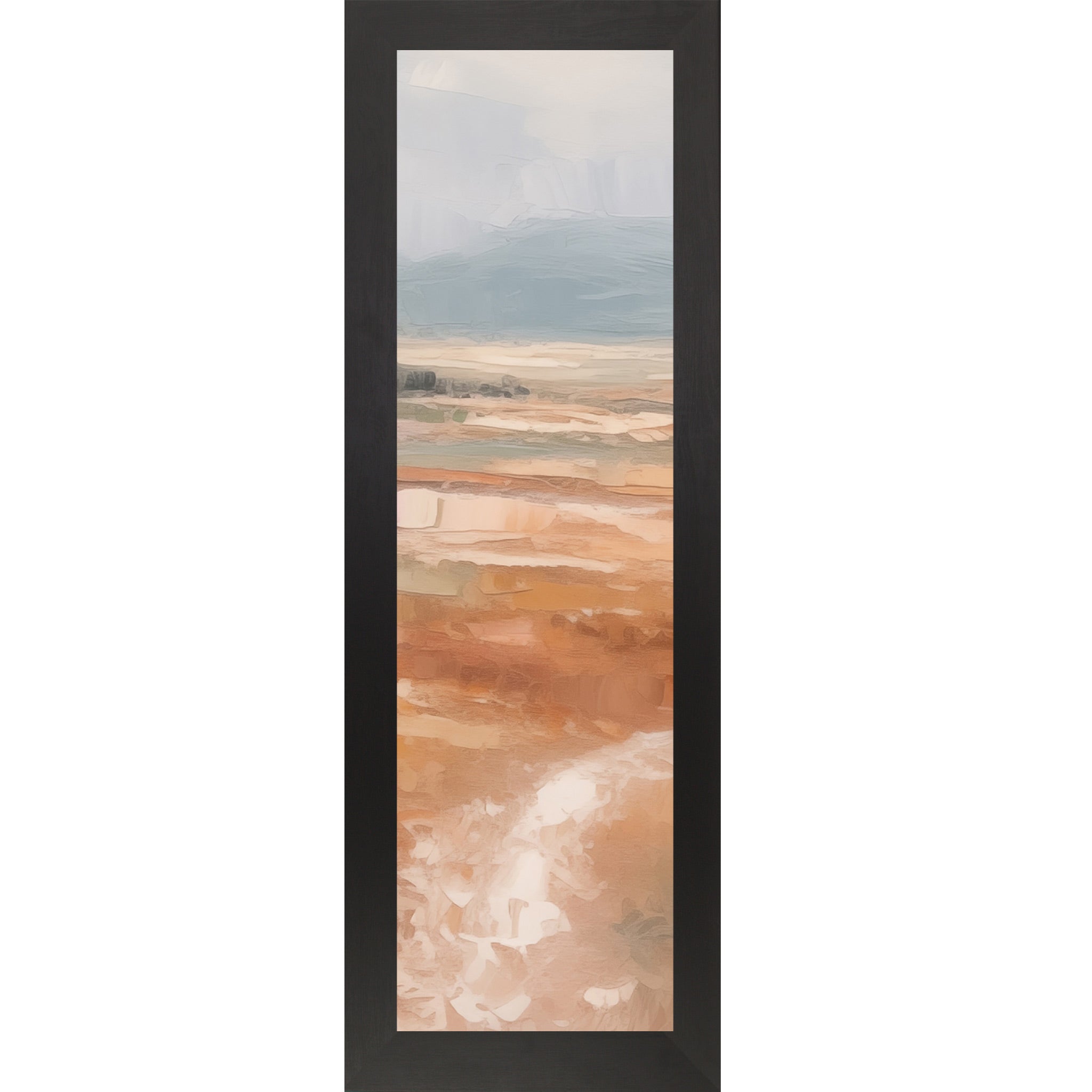 Black framed narrow portrait abstract terracotta landscape wall art with soft peach and blush field pale lavender sky and single tree on right edge