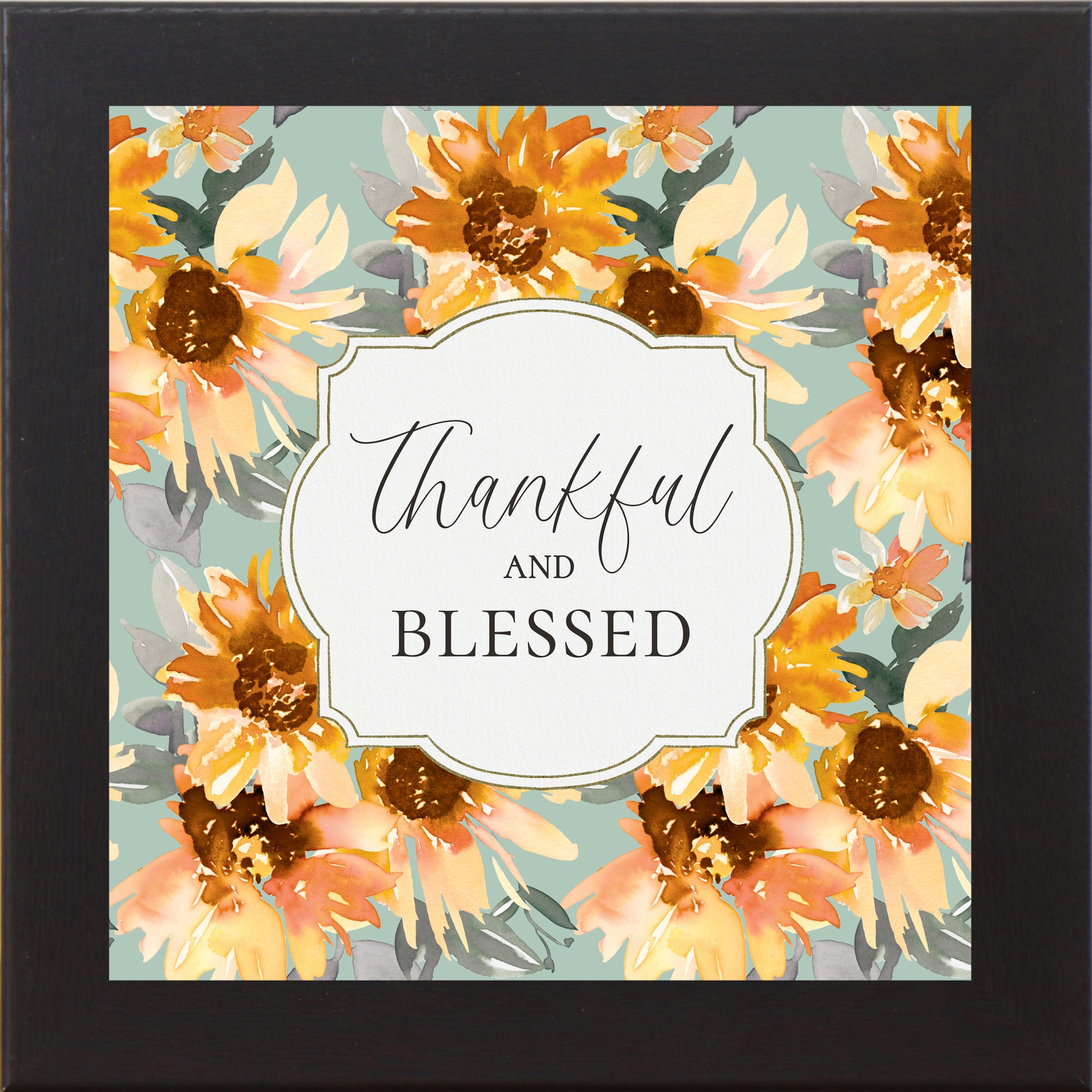 Black framed square fall wall art featuring watercolor sunflowers in gold orange and peach on soft sage teal background with the words "Thankful and Blessed" — SB308
