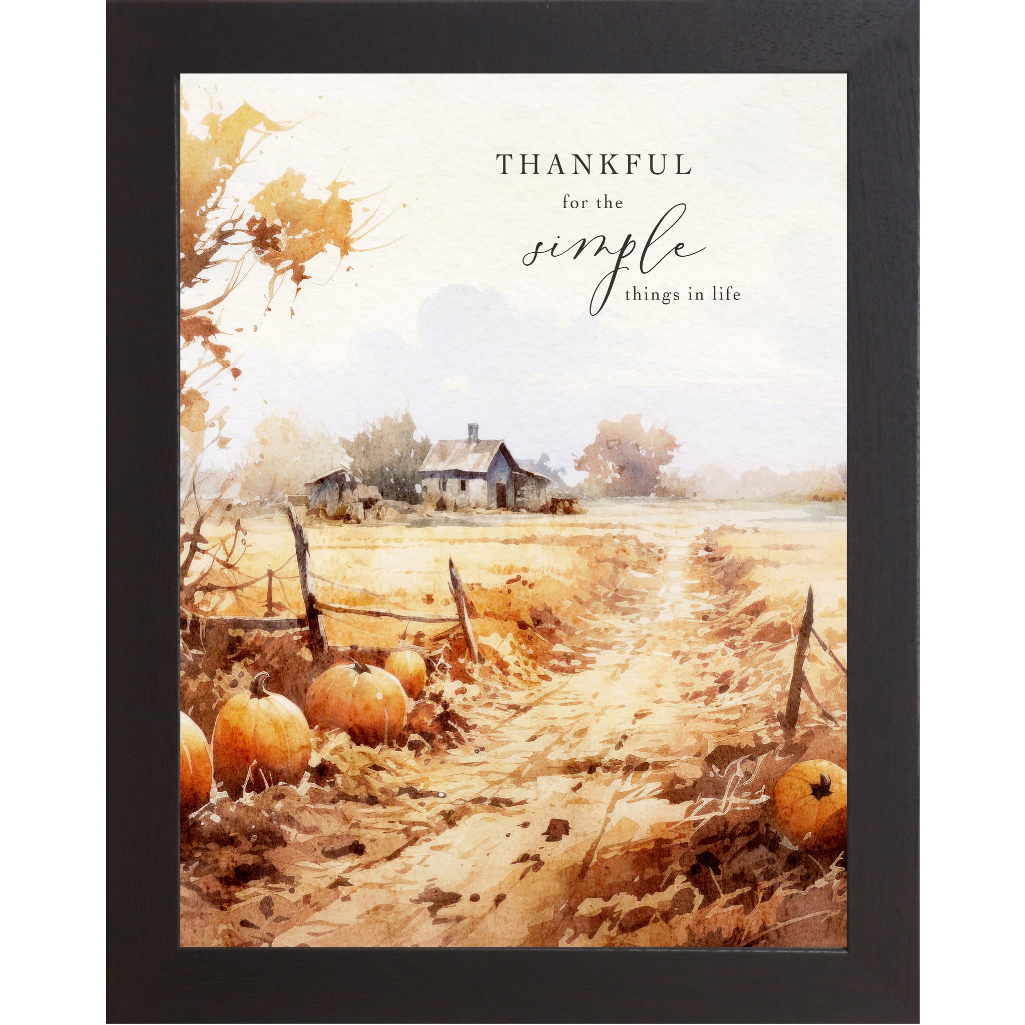 Black framed portrait fall wall art featuring watercolor pumpkin field with golden lane split-rail fence and distant farmhouse in warm amber and rust tones with the words Thankful for the Simple Things in life in elegant mixed typography — SN389