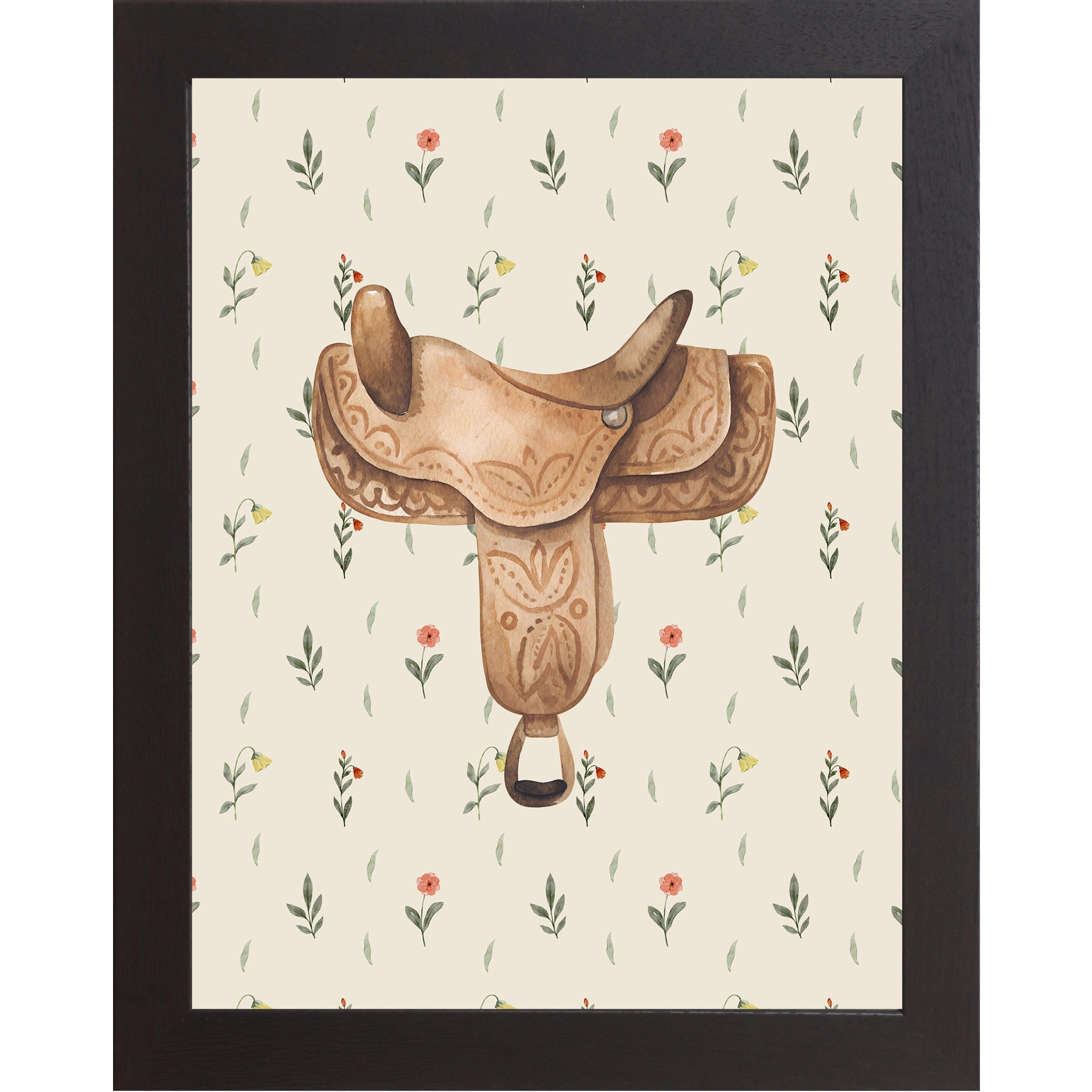 Black framed portrait western saddle wall art with detailed watercolor tooled leather saddle centered on soft cream scattered wildflower floral background — equestrian cowgirl decor