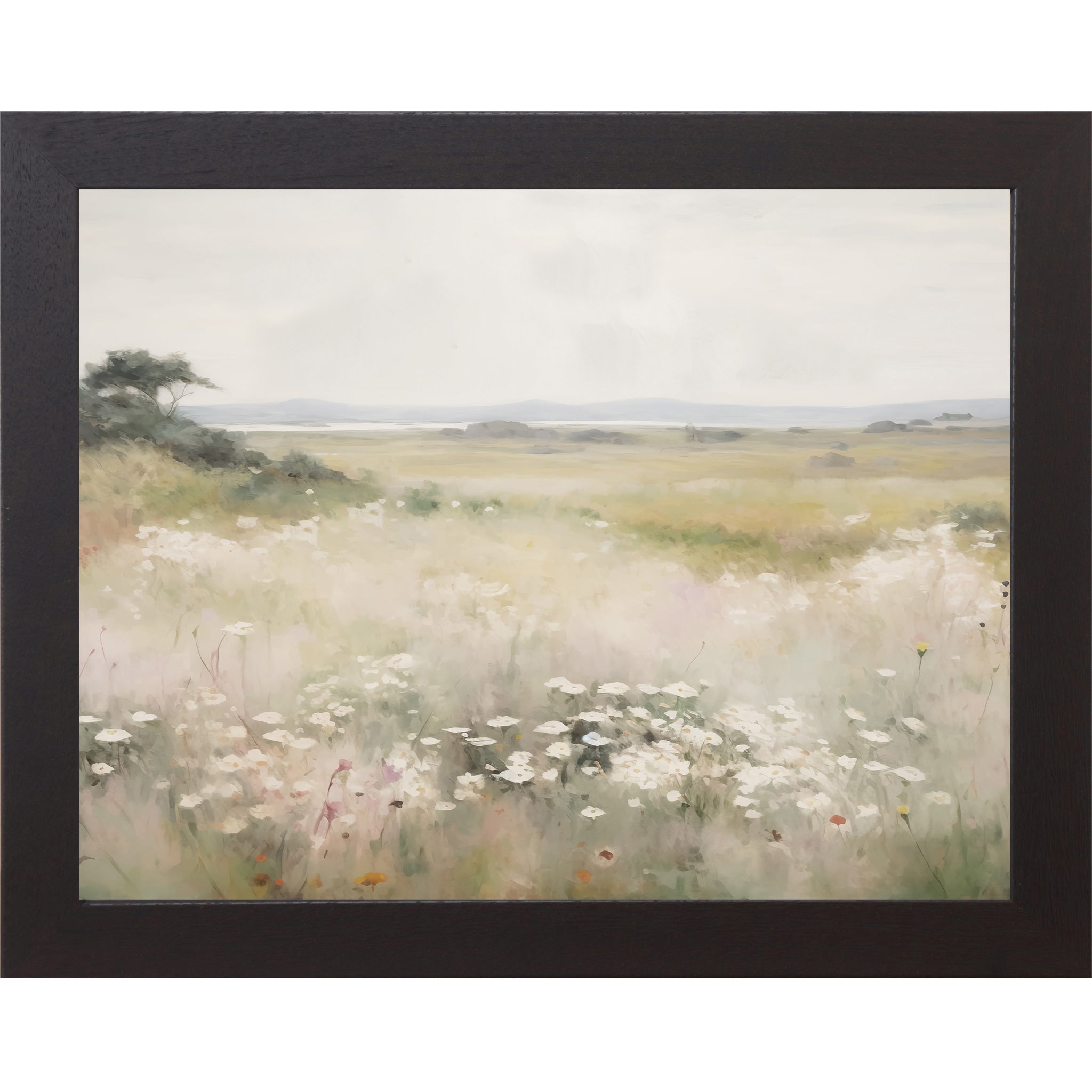 Black framed landscape watercolor wildflower meadow wall art with white blooms soft grasses golden fields and distant coastal bay under pearl grey sky — neutral floral scenic decor