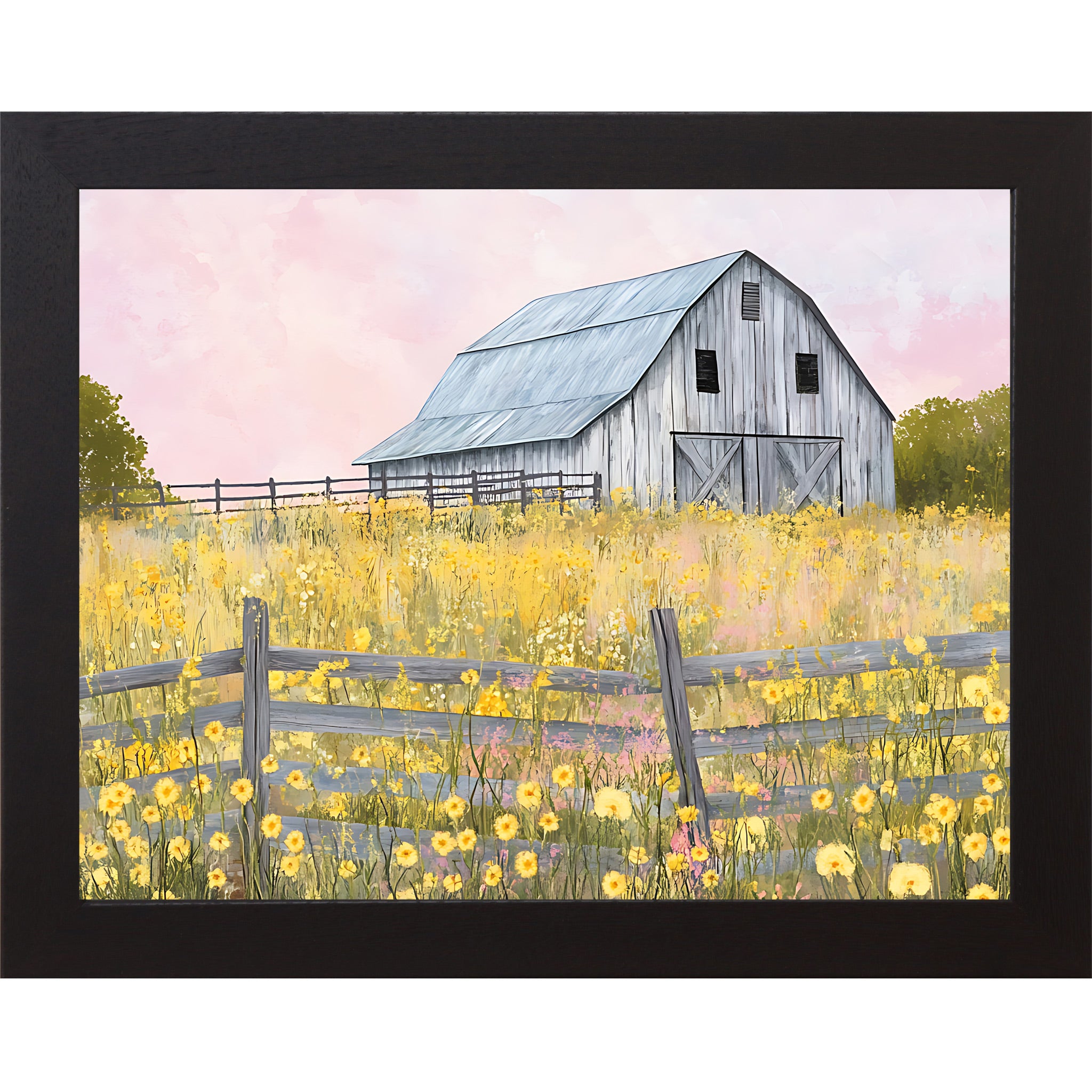 Black framed landscape farmhouse wall art featuring a watercolor gray barn in a yellow wildflower meadow with split rail fence green trees and soft pink sky — Yellow Wildflower Barn SB253