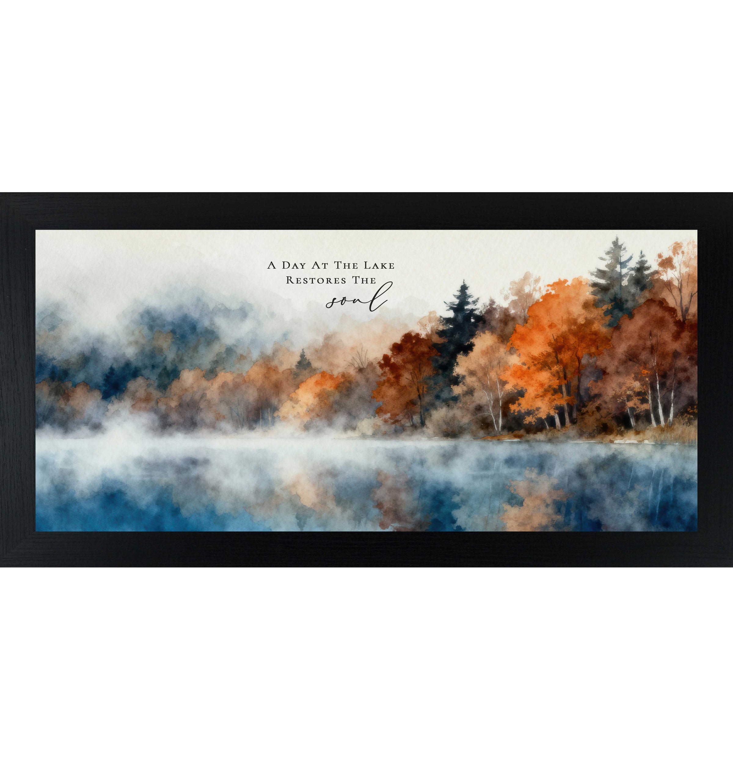 A Day At The Lake Restores The Soul – Framed Lake Wall Art with Quote, Wide Horizontal Nature Decor (SB744)