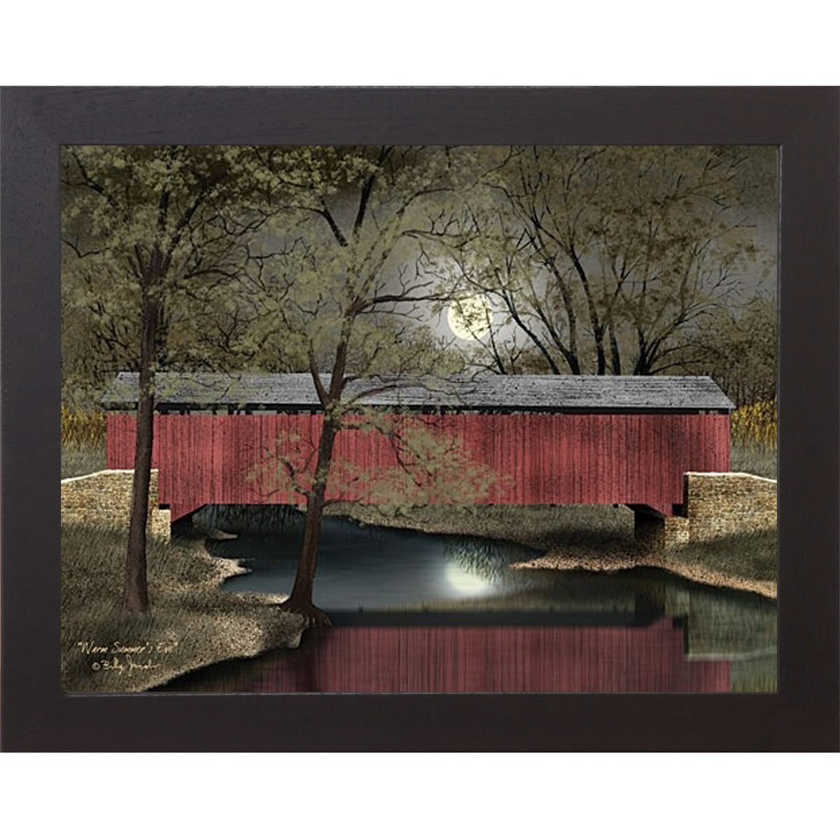 Covered bridge framed wall art by Billy Jacobs featuring a red bridge over a river at dusk surrounded by lush green summer landscape