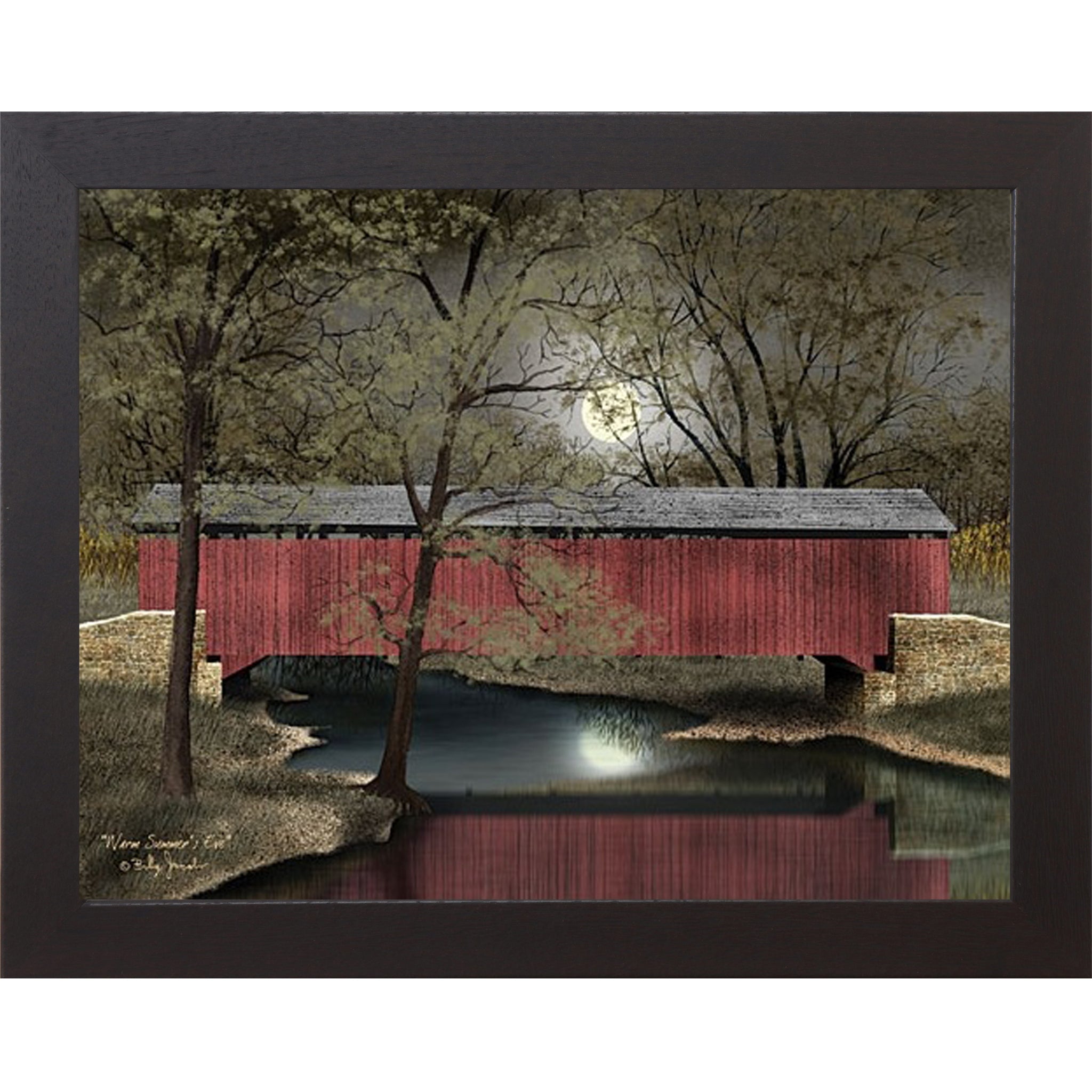 Covered bridge framed wall art by Billy Jacobs featuring a red bridge over a river at dusk surrounded by lush green summer landscape