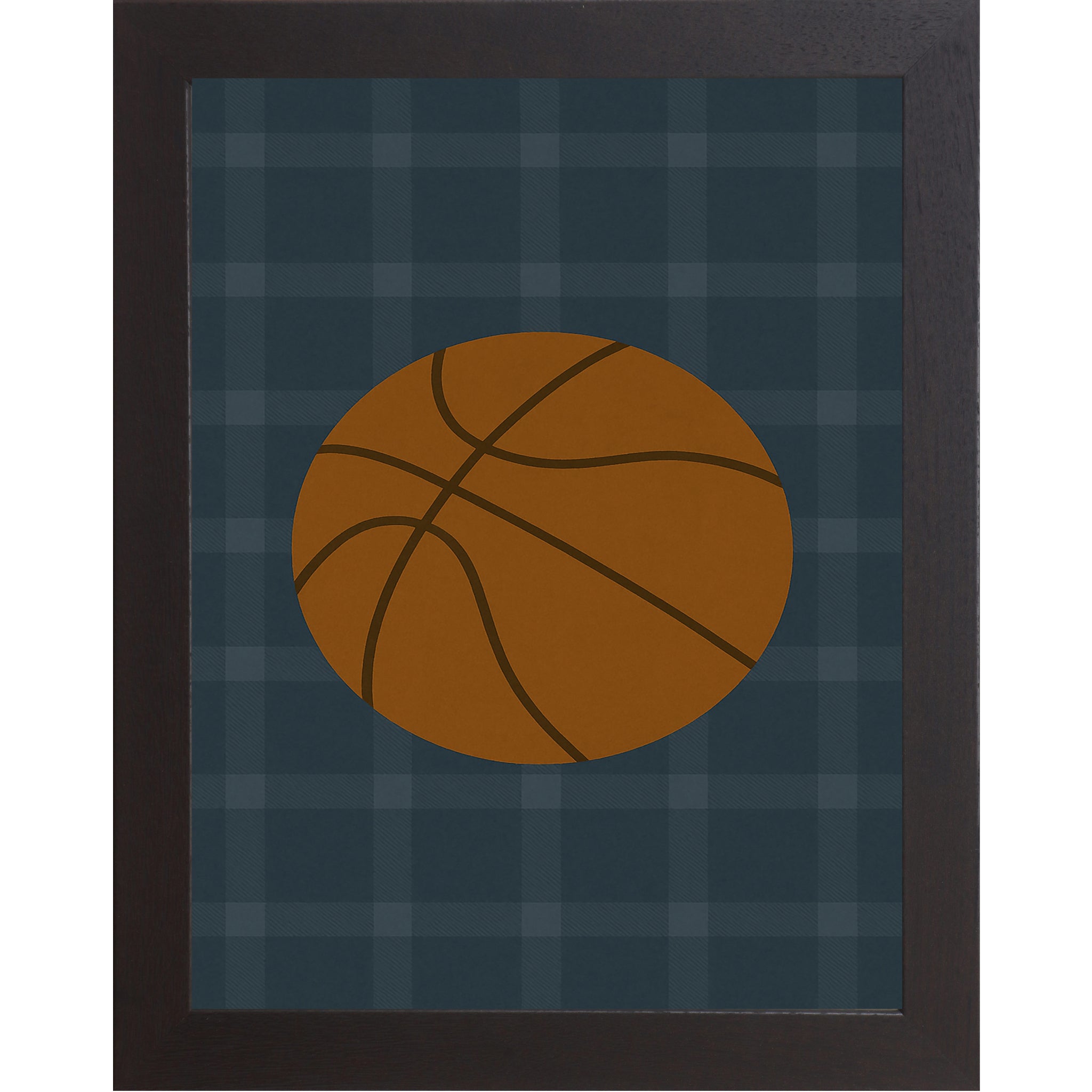Black frame color of Basketball wall art featuring a large basketball illustration on a blue green plaid background designed for boys sports rooms or basketball themed nurseries.