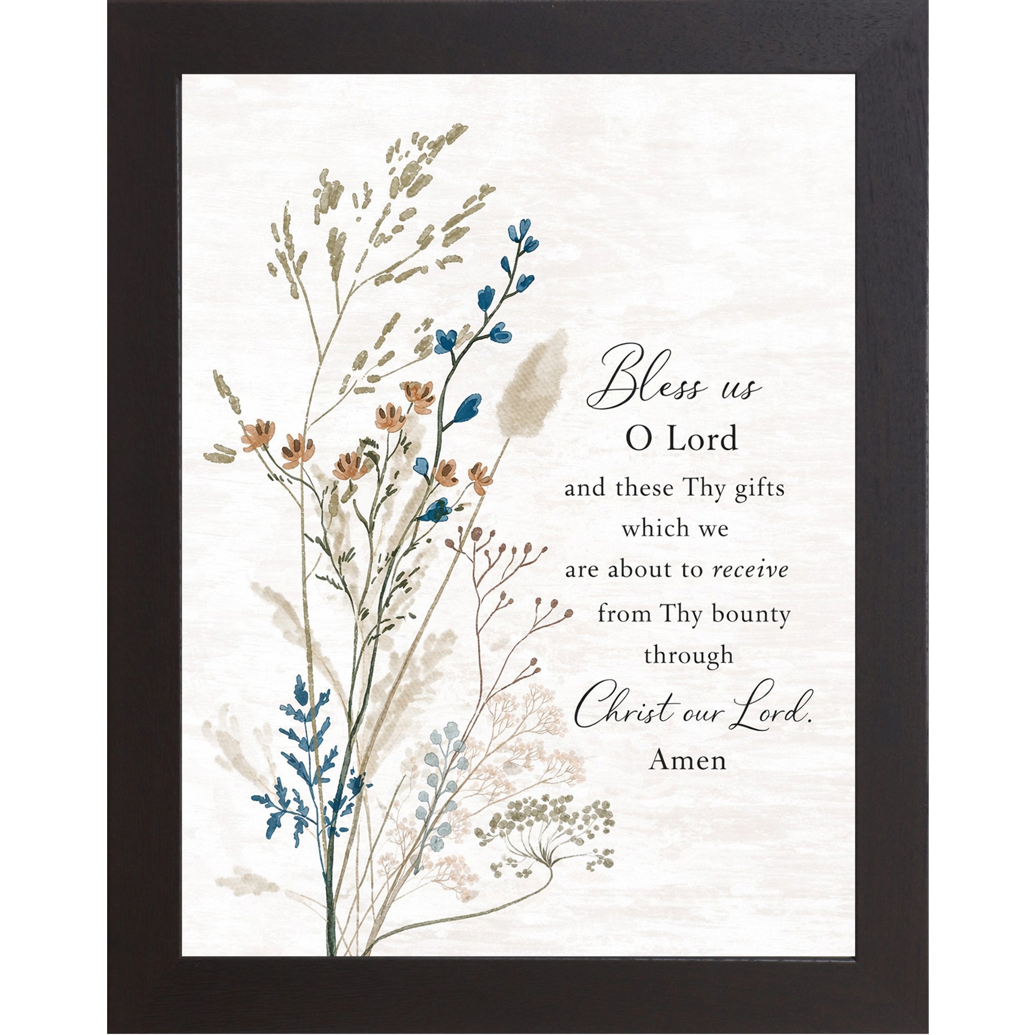 Black framed portrait Catholic prayer wall art with elegant wildflower botanicals on cream background and the words "Bless Us O Lord and These Thy Gifts Through Christ Our Lord Amen"