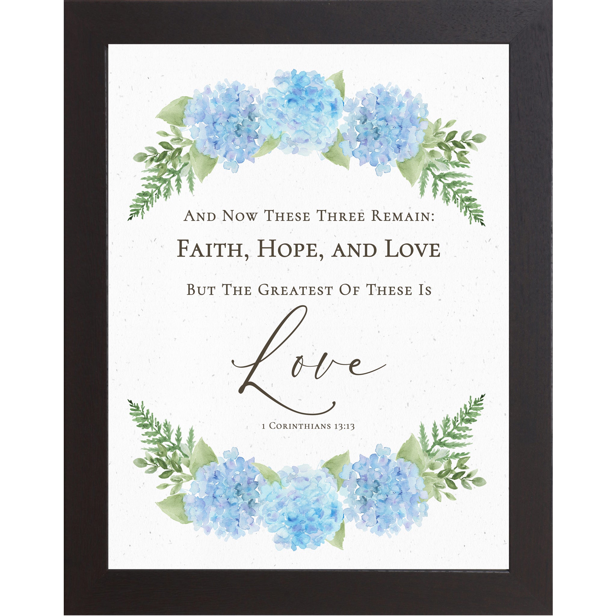 Black Vertical hydrangea scripture wall art with blue floral arrangements and greenery featuring 1 Corinthians 13:13 Faith Hope Love verse.