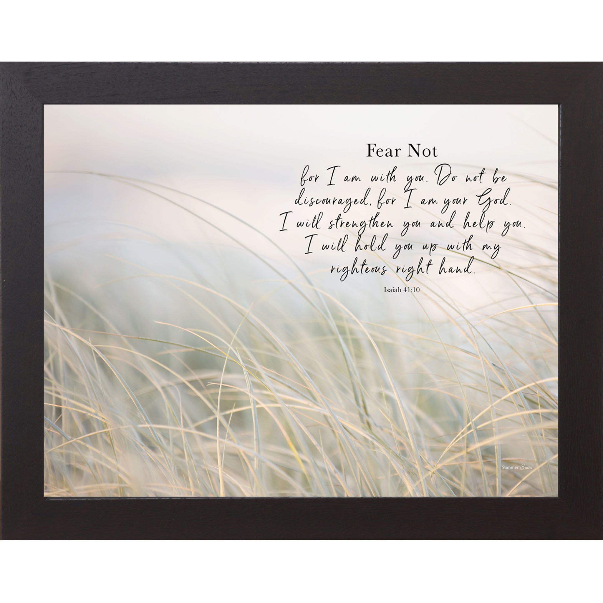Black framed landscape Christian scripture wall art with bokeh coastal tall grasses in morning mist and the words "Fear Not For I Am With You I Will Strengthen You Isaiah 41:10"