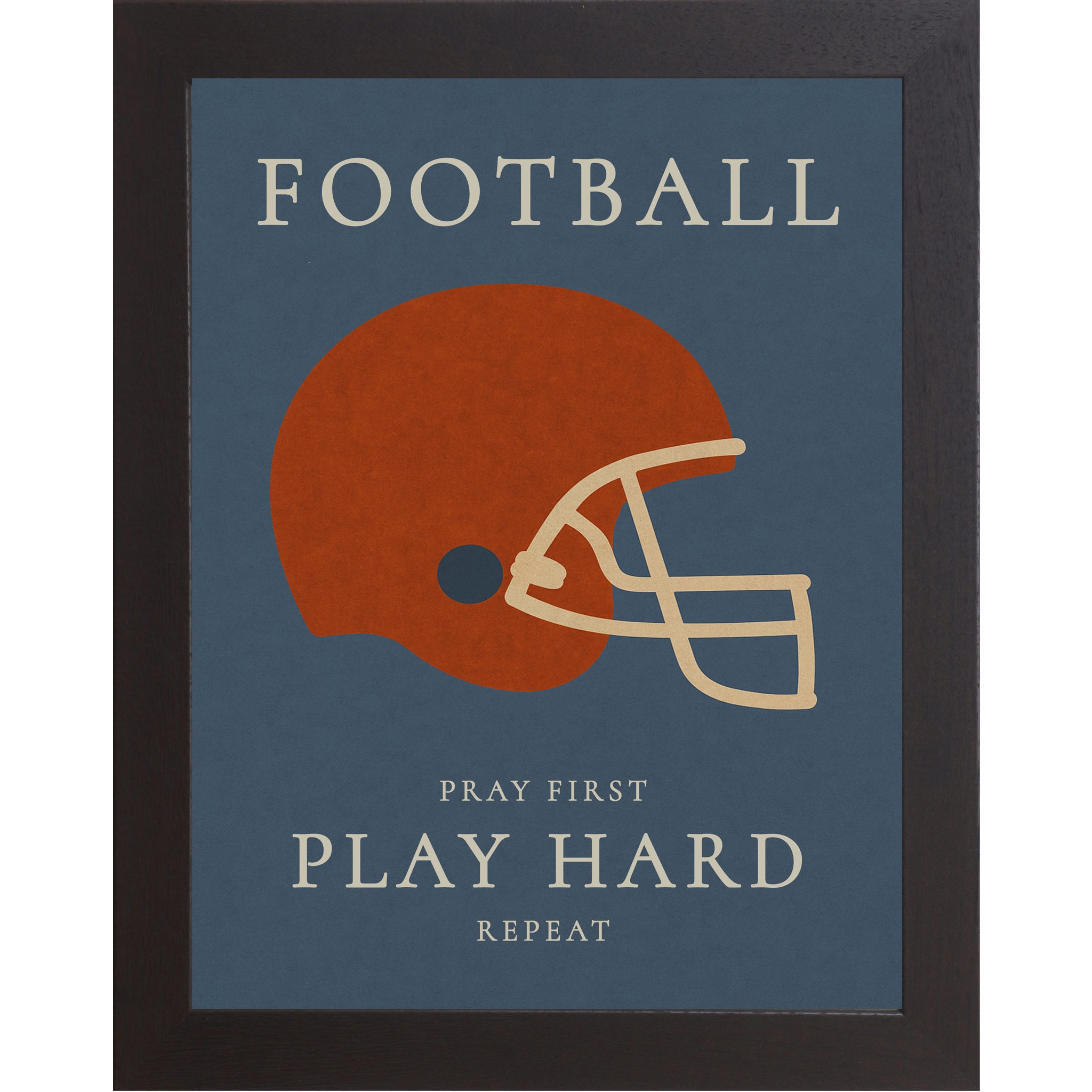 Black color frame Christian football wall art featuring a football helmet with the phrase Pray First Play Hard Repeat on a blue background
