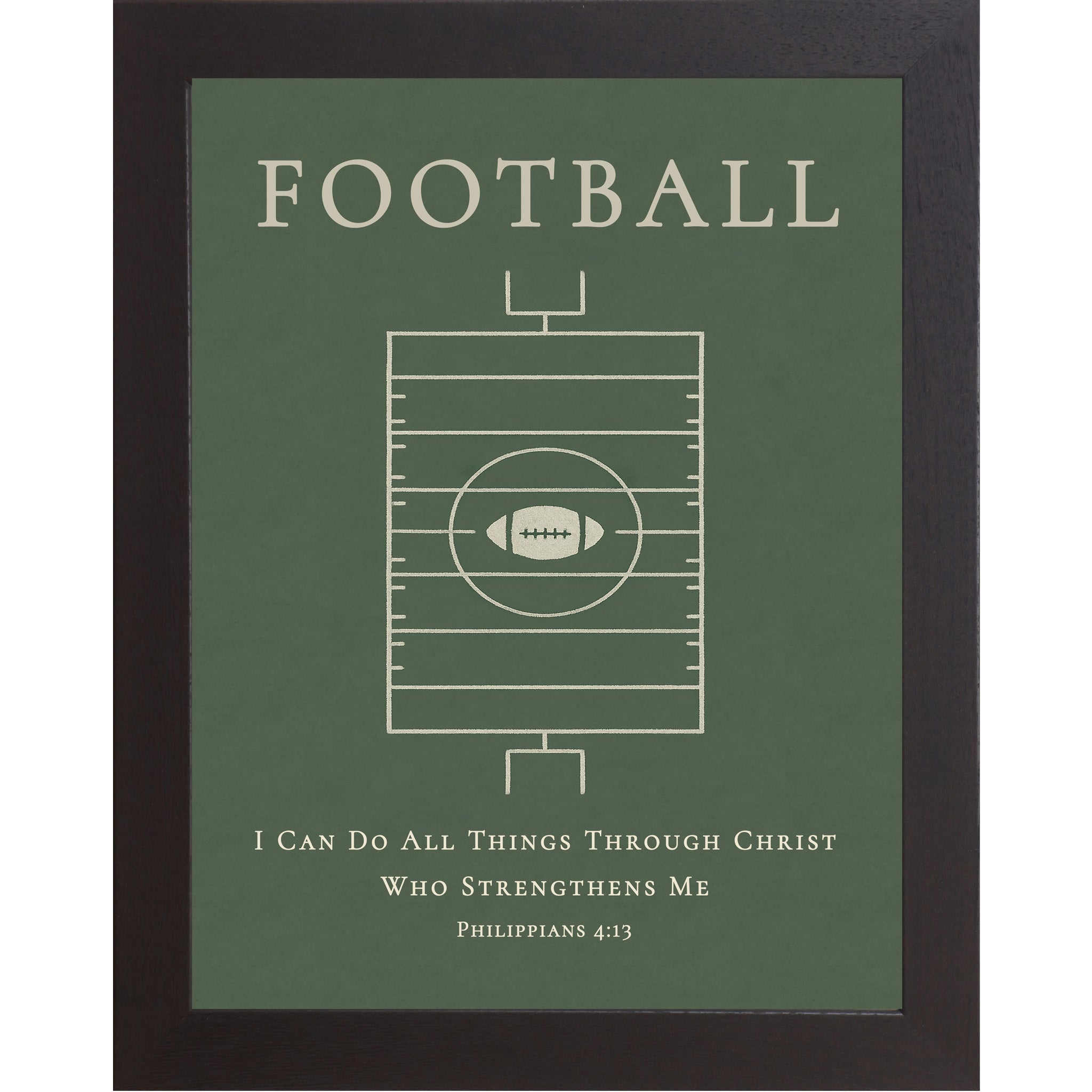 Black colored frame of a Christian football wall art featuring a minimalist football field design and Philippians 4:13 scripture on a green background