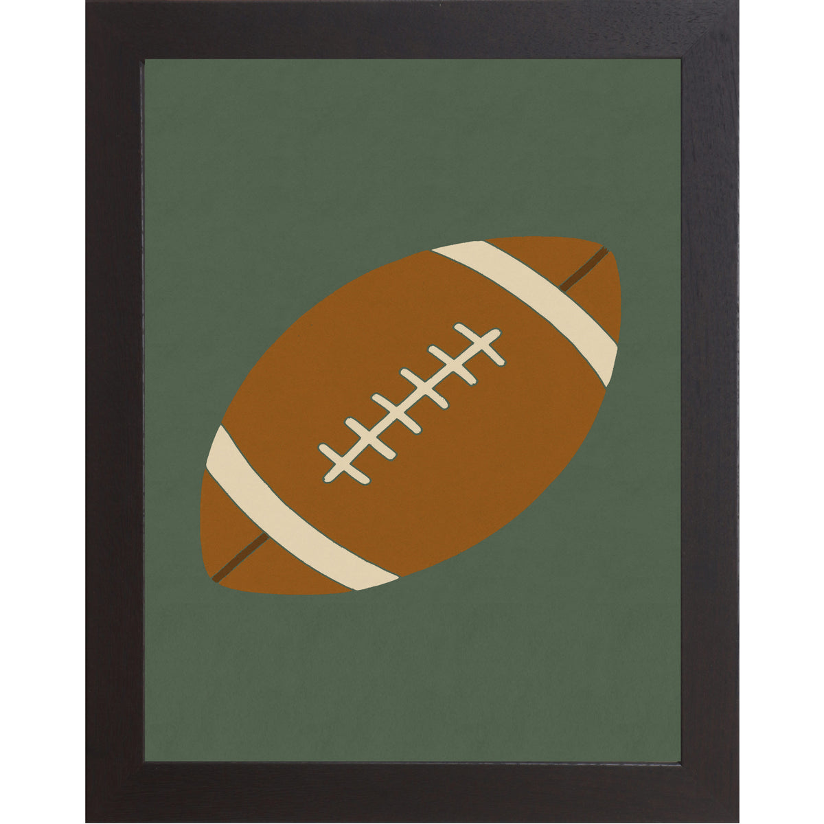 Black framed Minimalist football wall art featuring a classic football illustration on a green background in a framed design for boys room sports decor