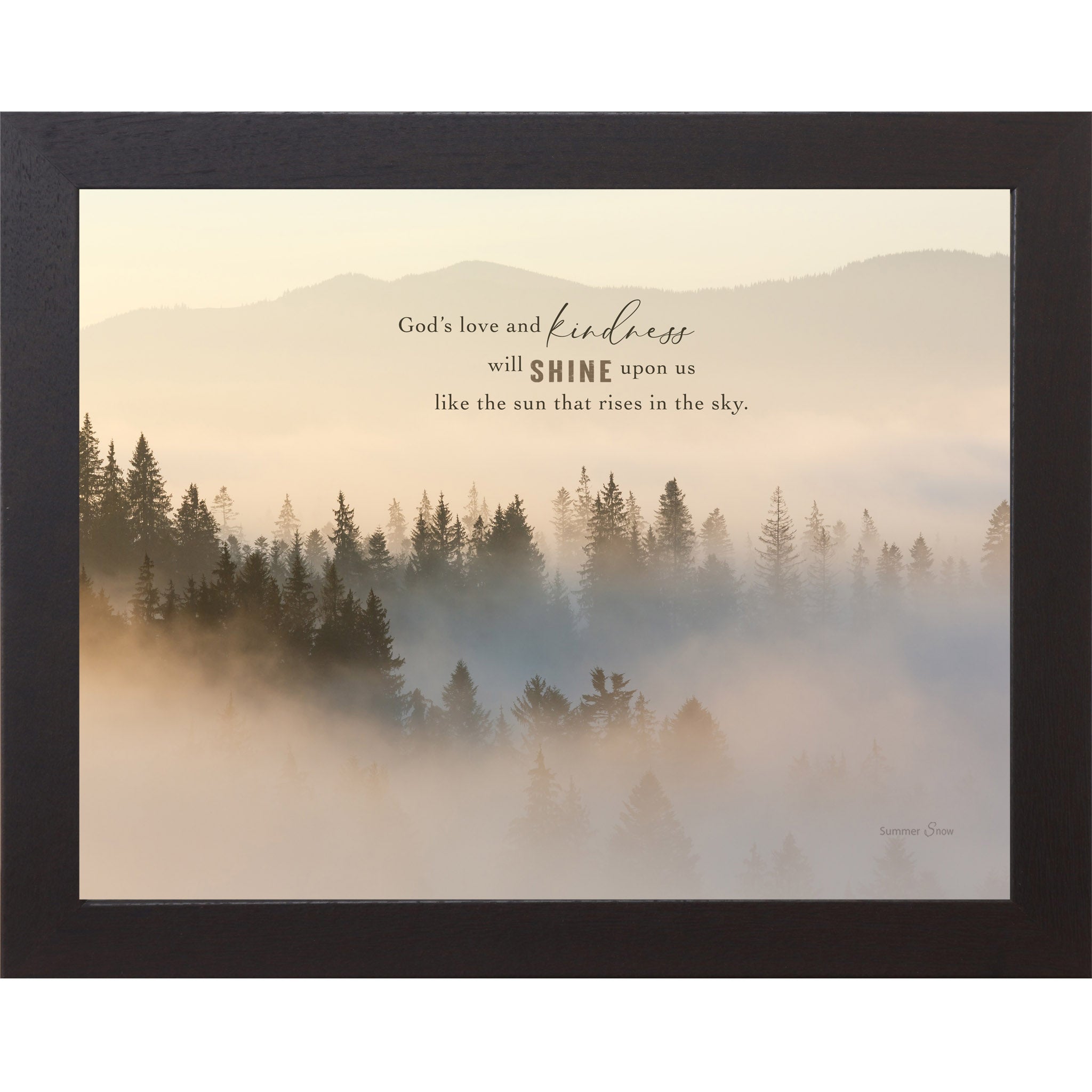Christian mountain wall art in horizontal format featuring misty evergreen forest at sunrise with inspirational quote about God’s love and kindness shining like the rising sun.