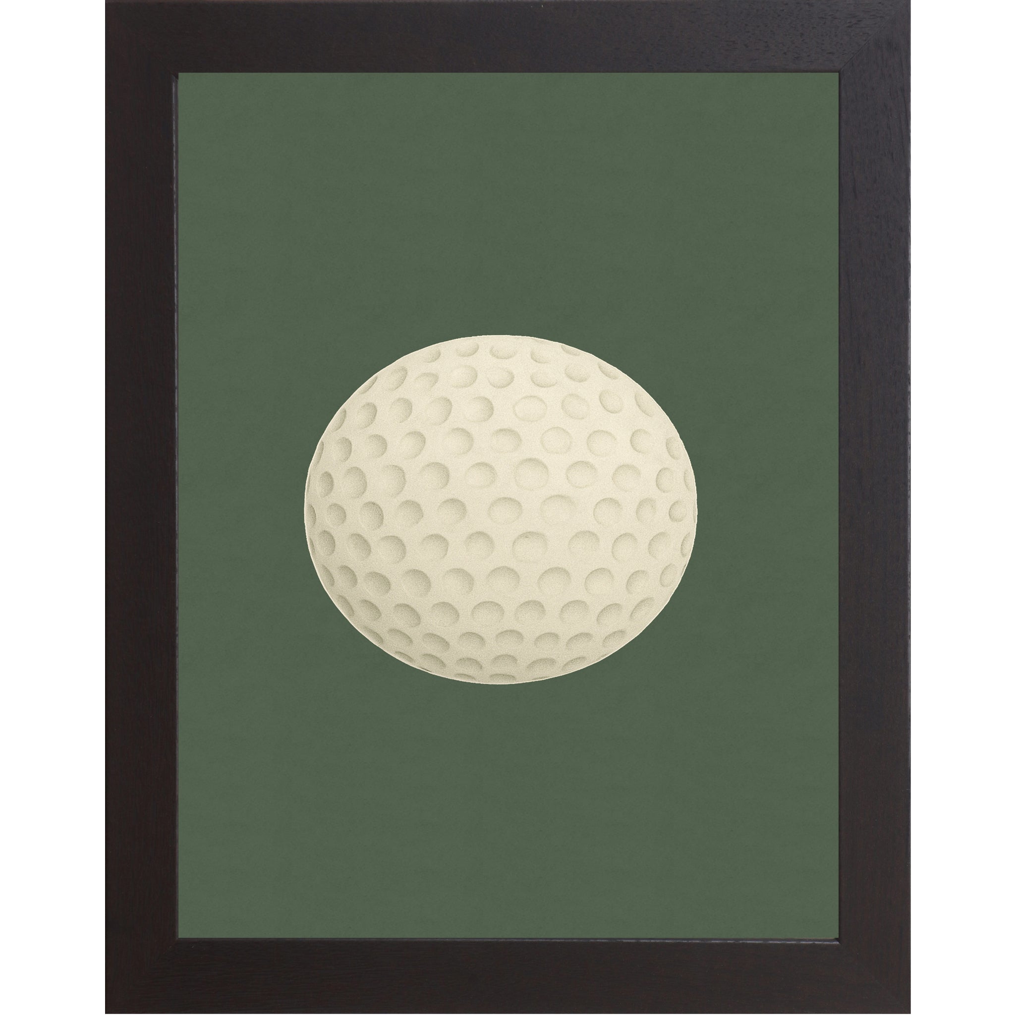 Black frame colored Minimalist golf wall art featuring a white golf ball on a green background.