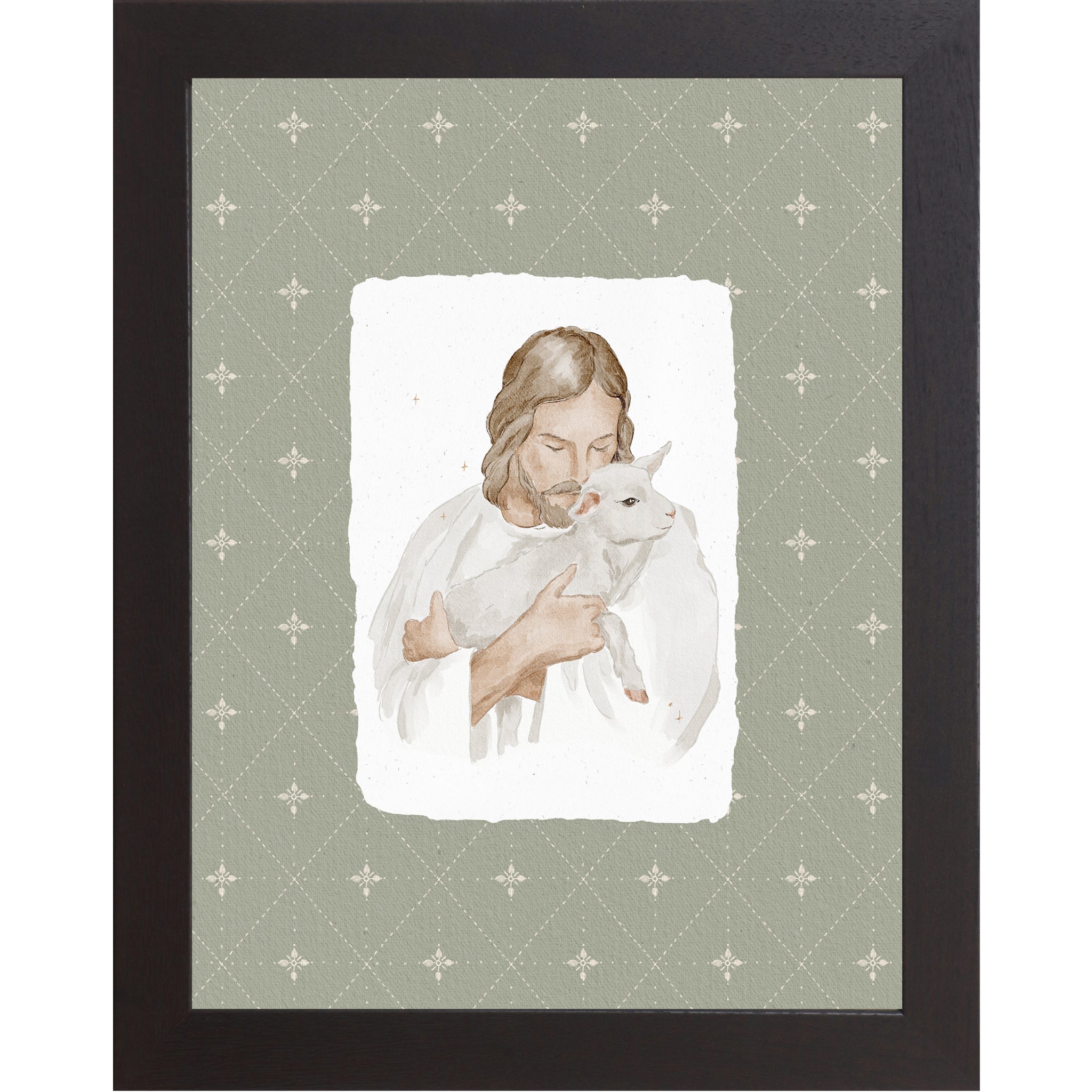 Vertical Good Shepherd wall art featuring Christ holding a lamb on a sage patterned background in a framed faith decor design.