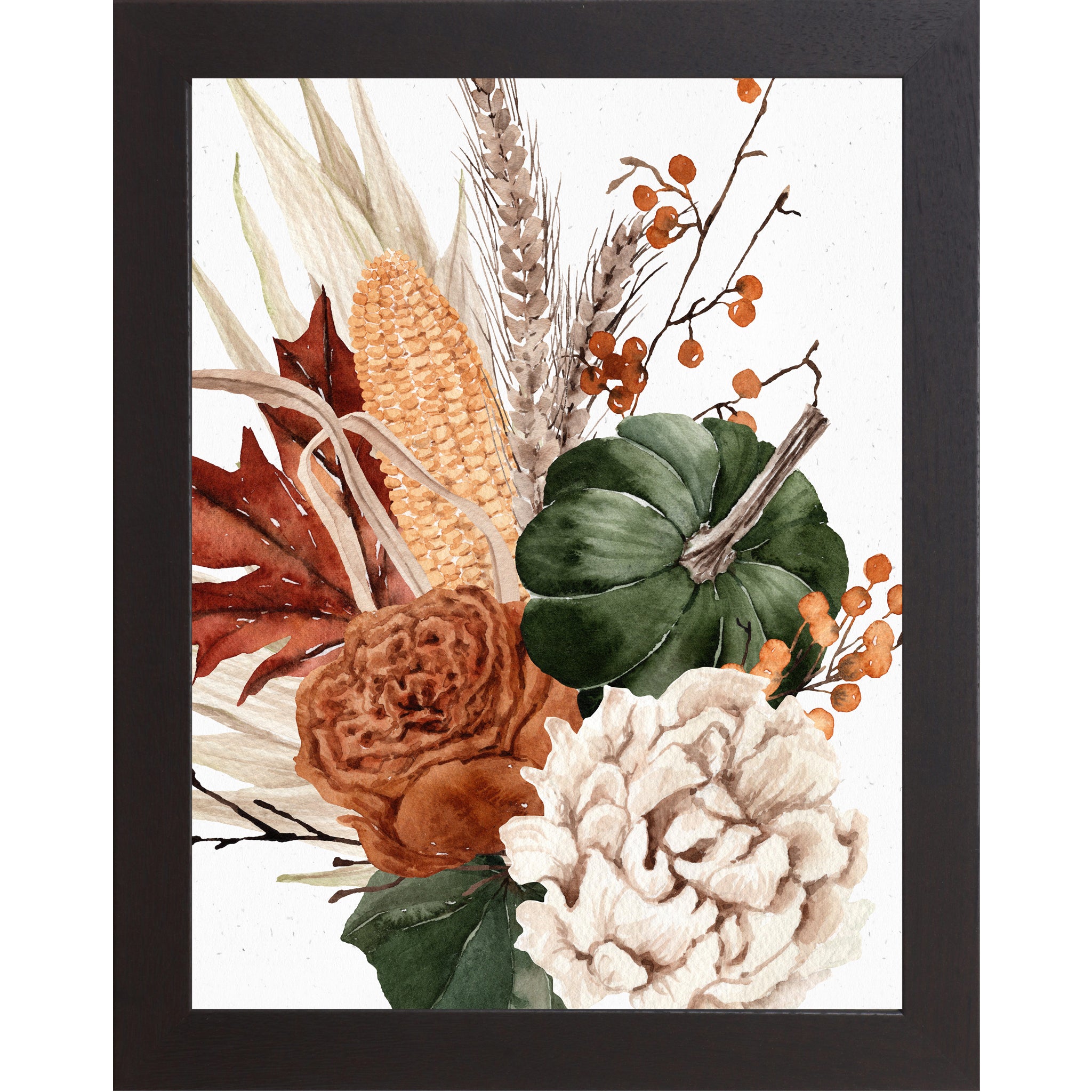 Black framed portrait harvest wall art featuring watercolor green pumpkin corn wheat crimson maple leaf burnt orange and cream peonies with orange berries — Harvest Bouquet SB251 left panel