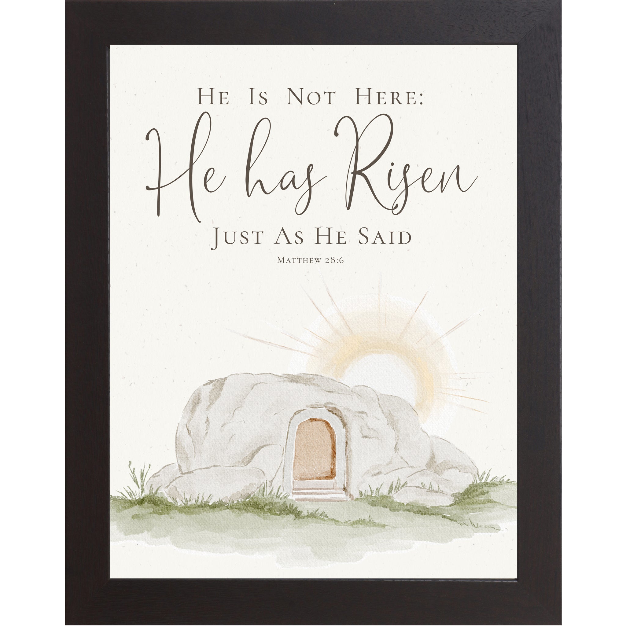 Vertical He Has Risen wall art featuring Matthew 28:6 scripture above a watercolor empty tomb at sunrise on a neutral background.
