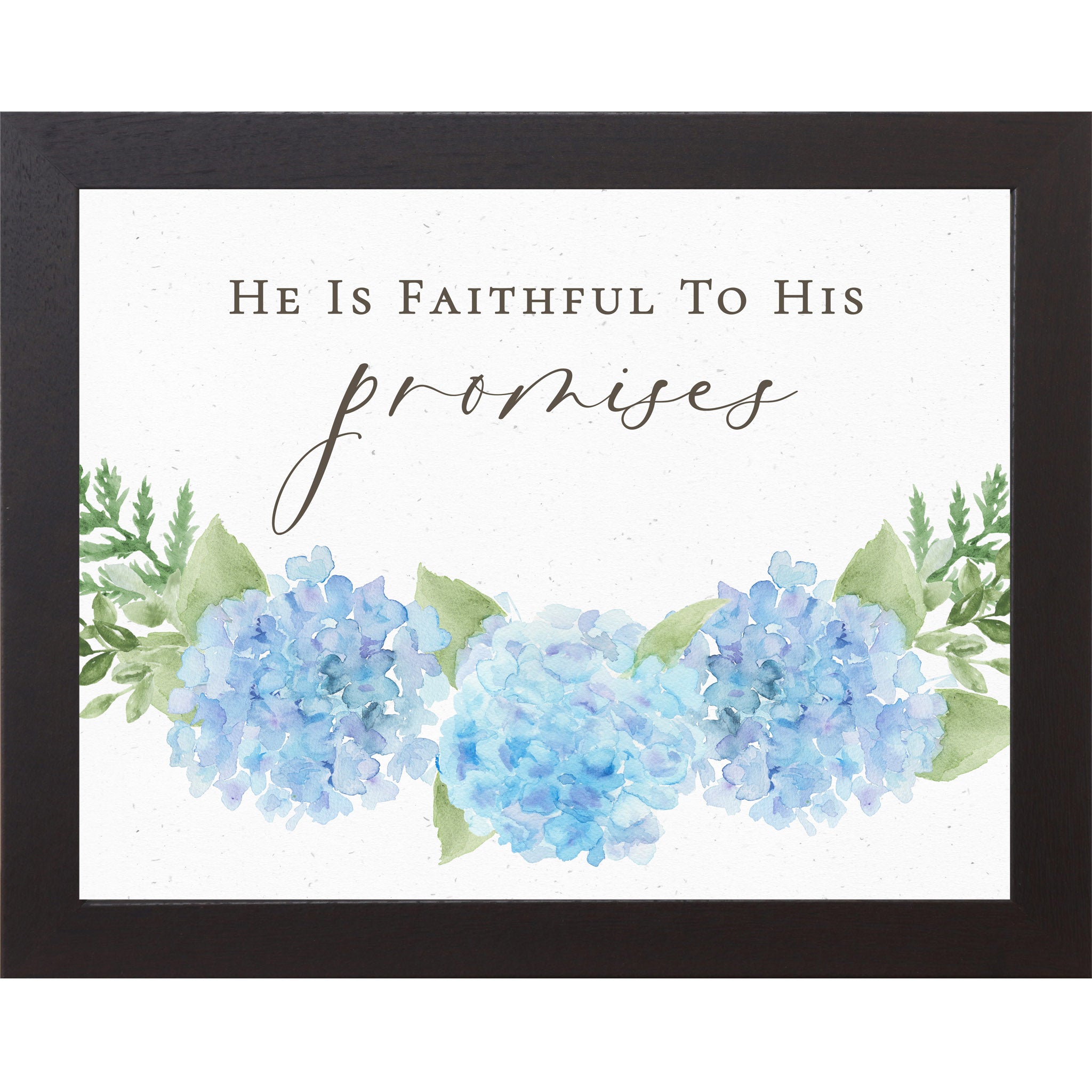 Black Horizontal hydrangea wall art with blue watercolor blooms and quote He Is Faithful to His Promises on neutral white background.