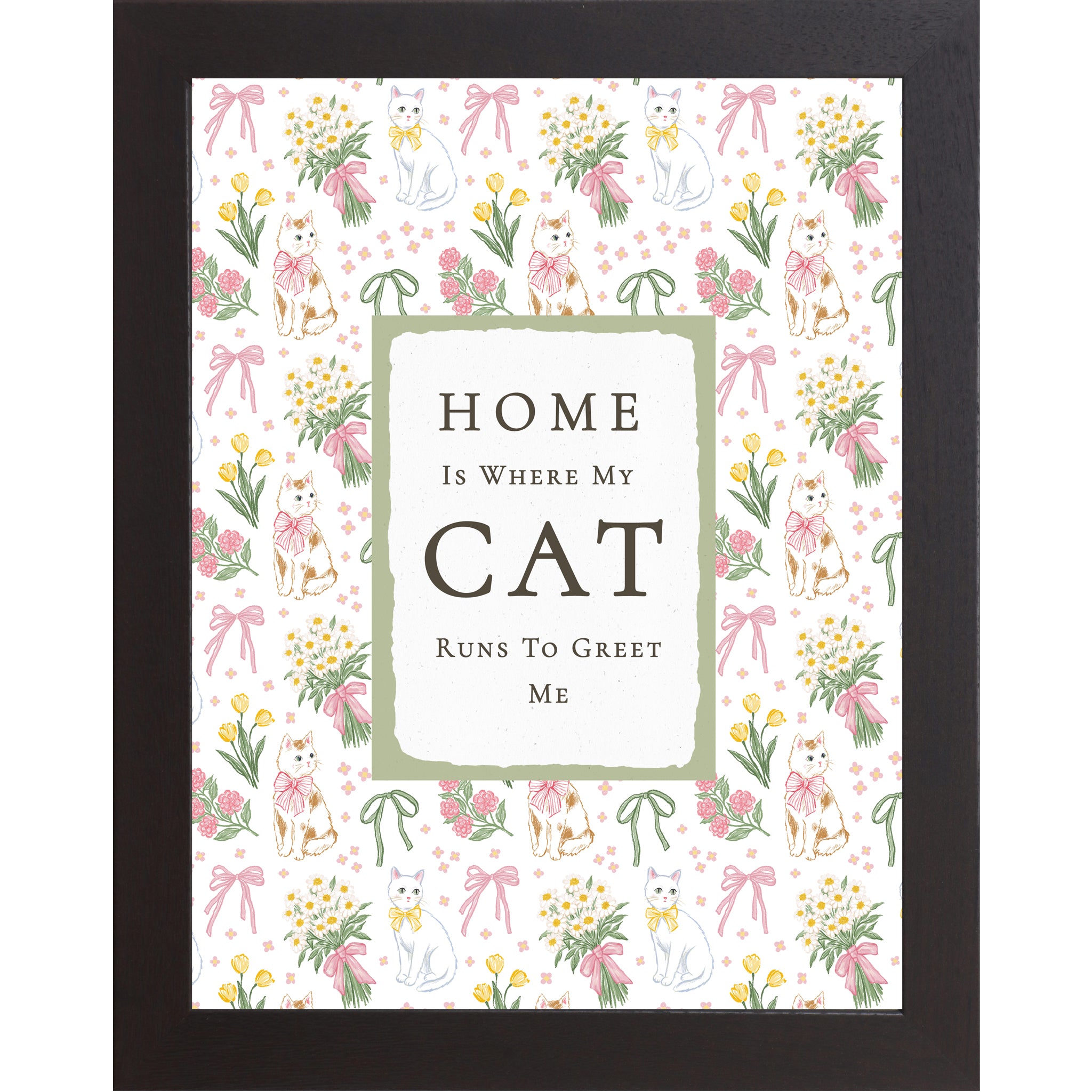 Black Vertical cat lover wall art with pink floral bows and white and calico cats surrounding the phrase Home Is Where My Cat Runs To Greet Me on neutral background.