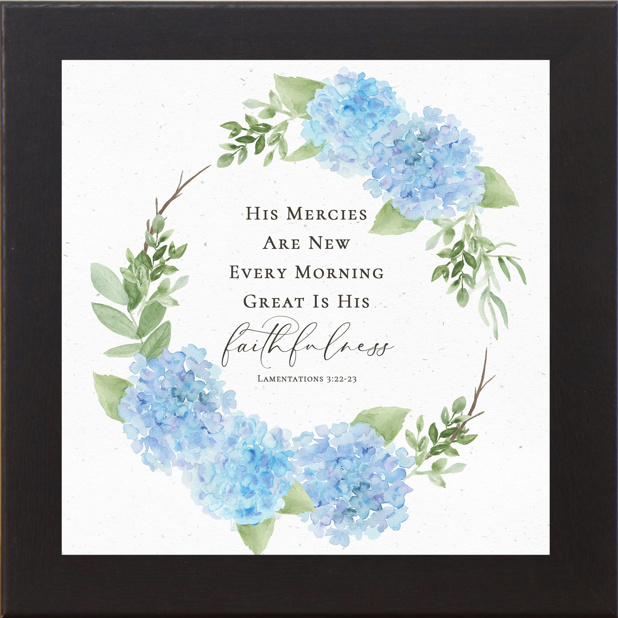 Square hydrangea wreath scripture wall art featuring Lamentations 3:22-23 with blue florals and green leaves on neutral background framed by Summer Snow.