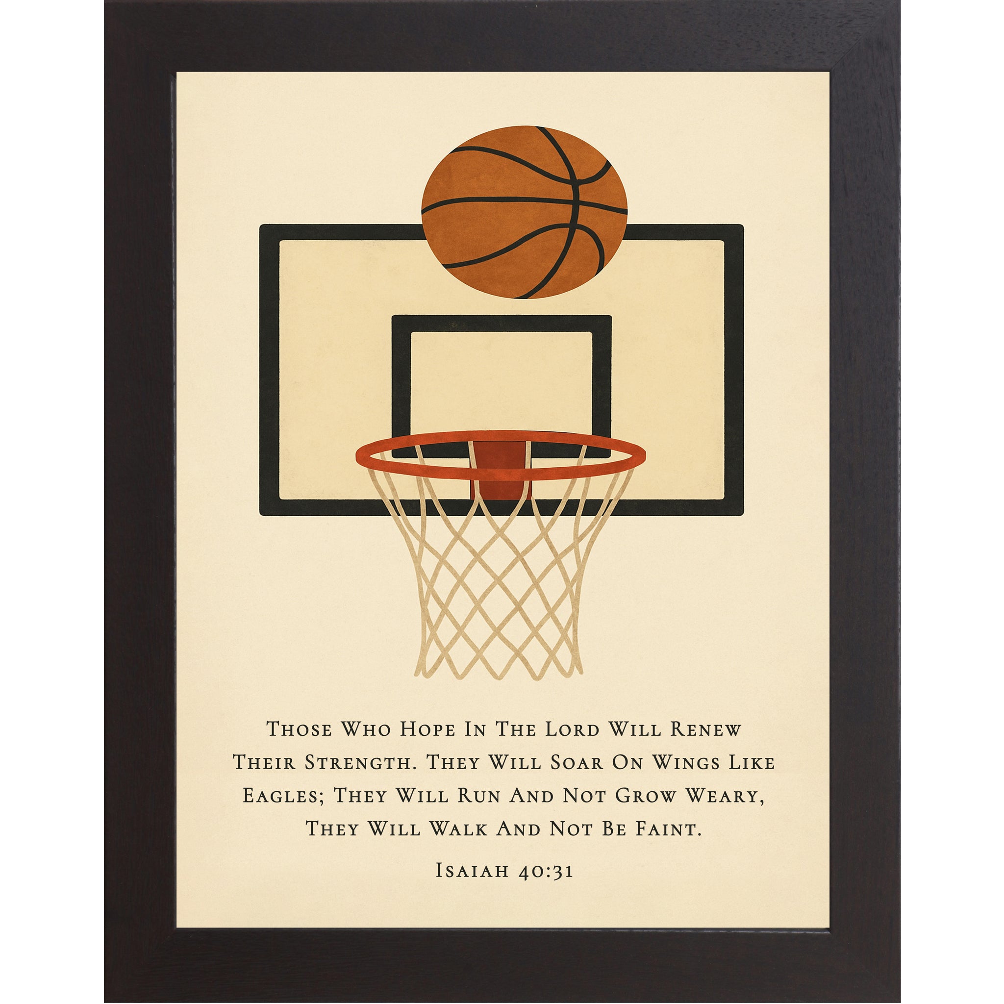 Black color frame Christian basketball wall art featuring a basketball hoop illustration with the Bible verse Isaiah 40:31 on a neutral background.