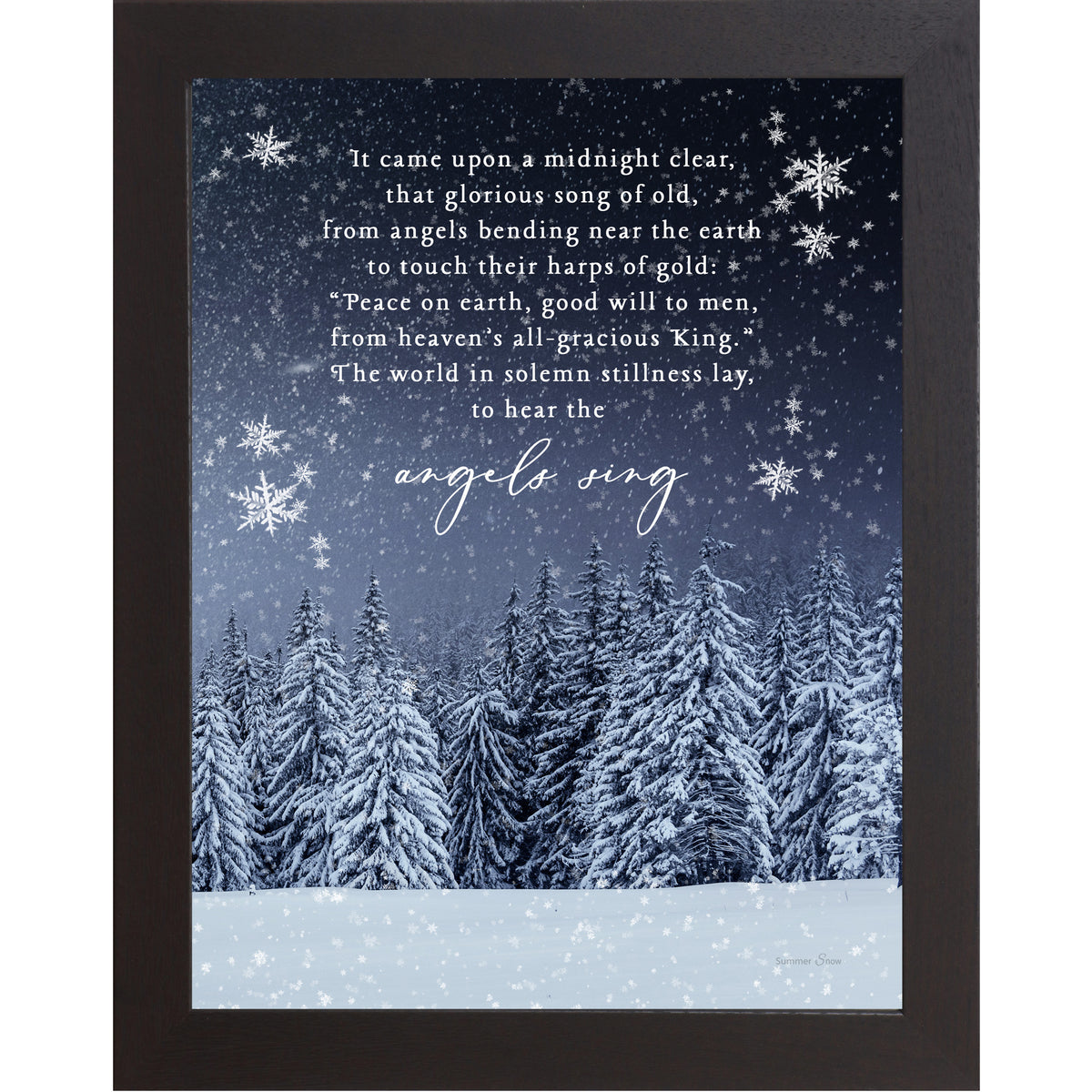 Christmas wall art featuring snowy evergreen trees under a midnight blue sky with the full carol It Came Upon a Midnight Clear displayed in elegant white lettering.
