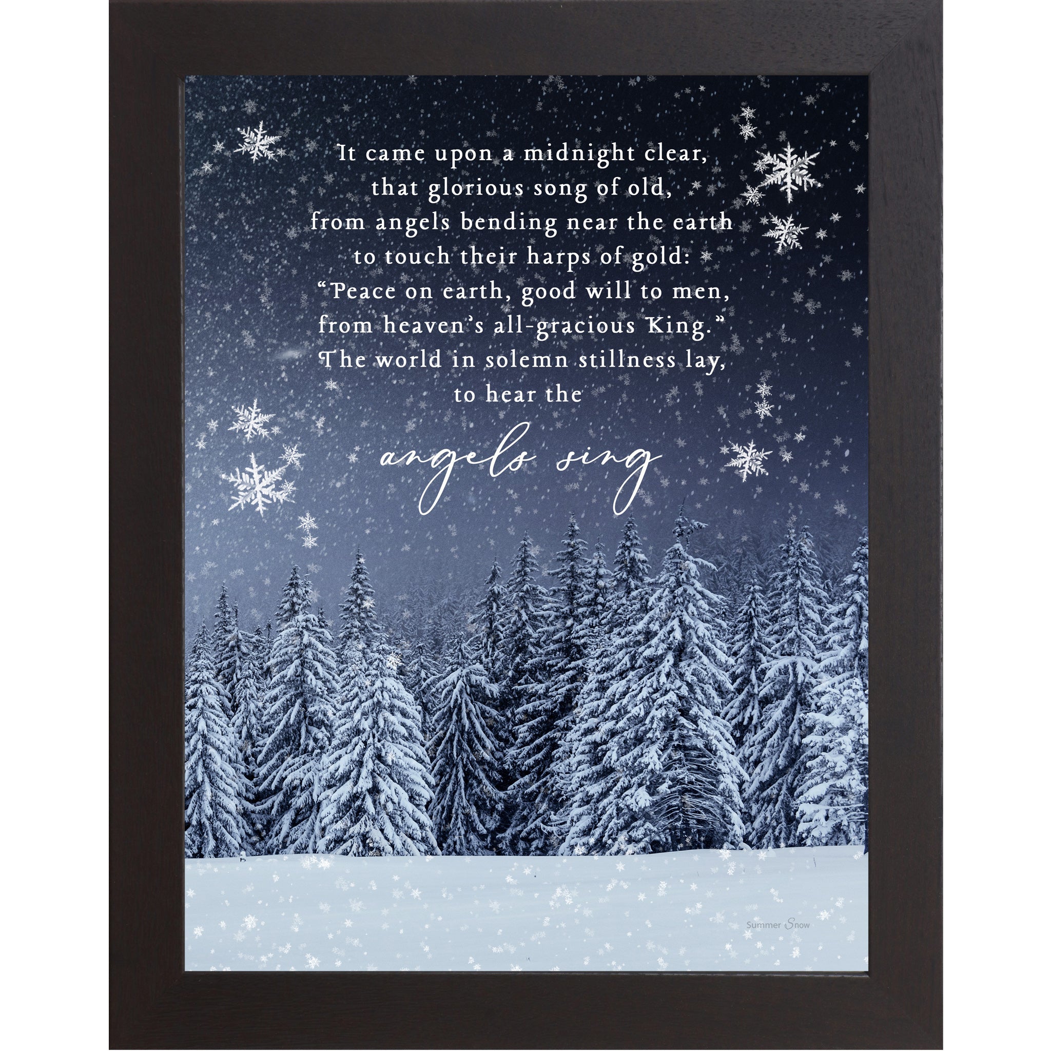 Christmas wall art featuring snowy evergreen trees under a midnight blue sky with the full carol It Came Upon a Midnight Clear displayed in elegant white lettering.