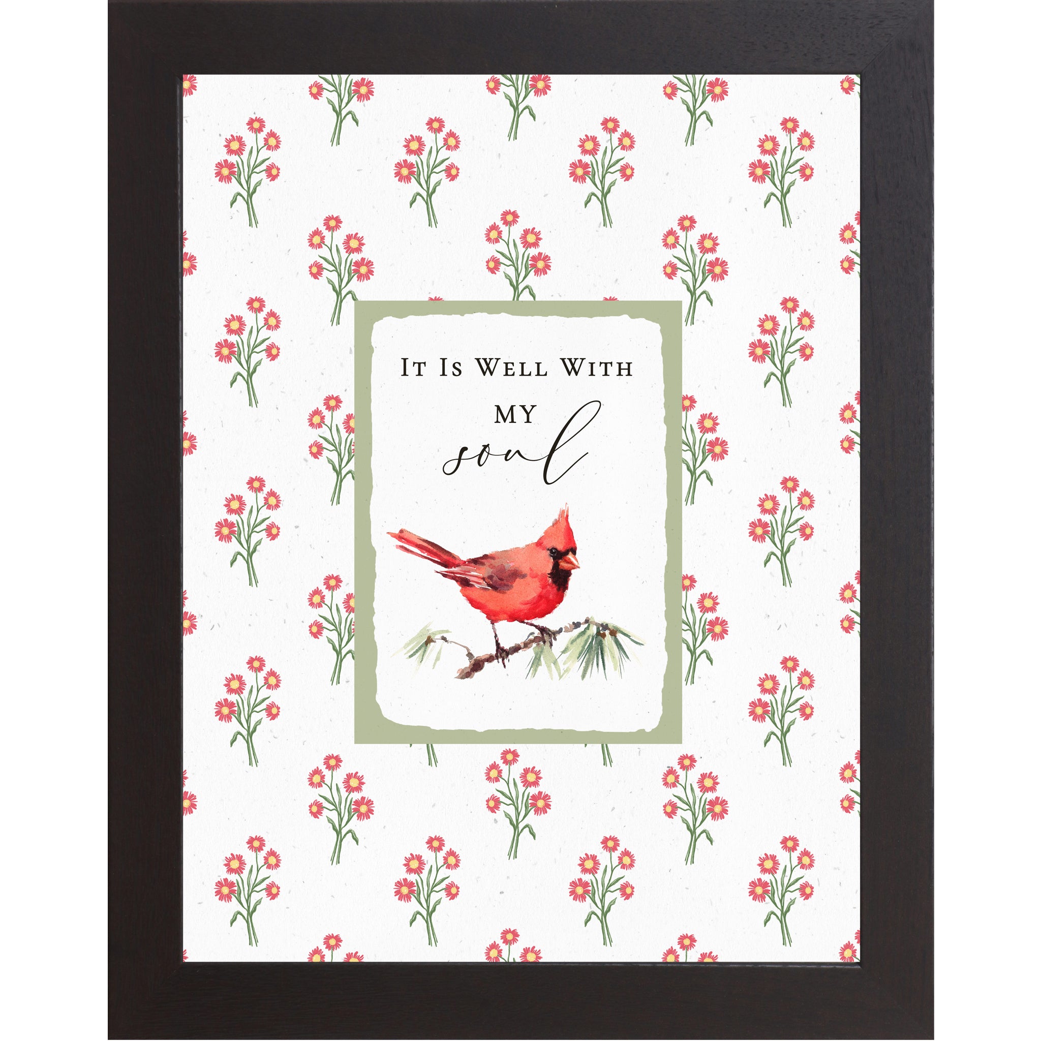 Christian floral wall art featuring a red cardinal perched on a branch with the phrase “It Is Well With My Soul” in a sage green framed center panel and red floral background.