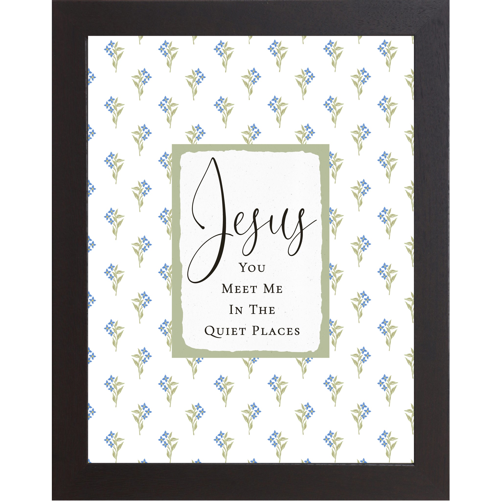Christian floral wall art featuring blue flowers and green stems with a sage center panel reading “Jesus You Meet Me In The Quiet Places” in a vertical framed design.