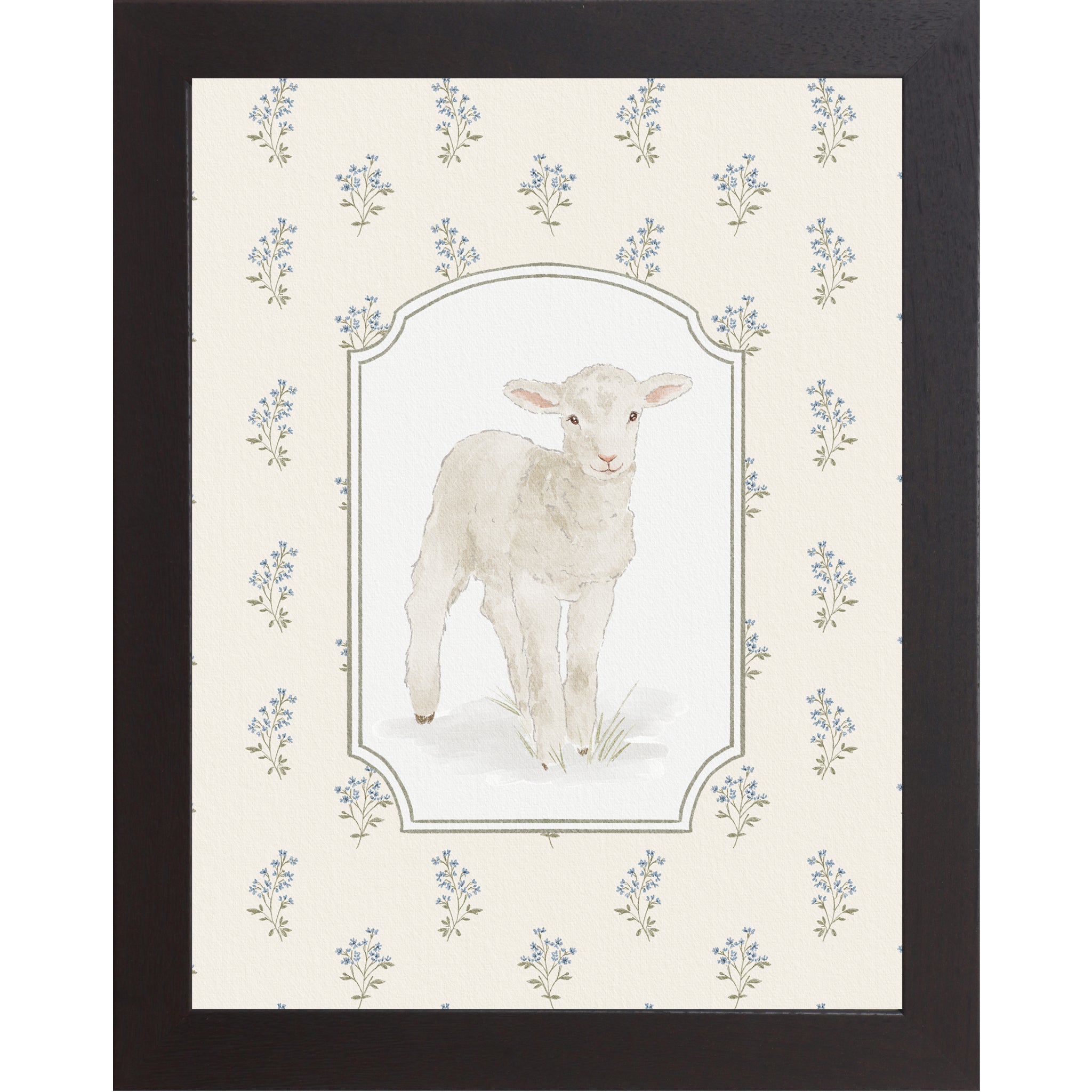 Vertical lamb wall art with soft blue florals on a neutral beige background in a framed Easter faith decor design.