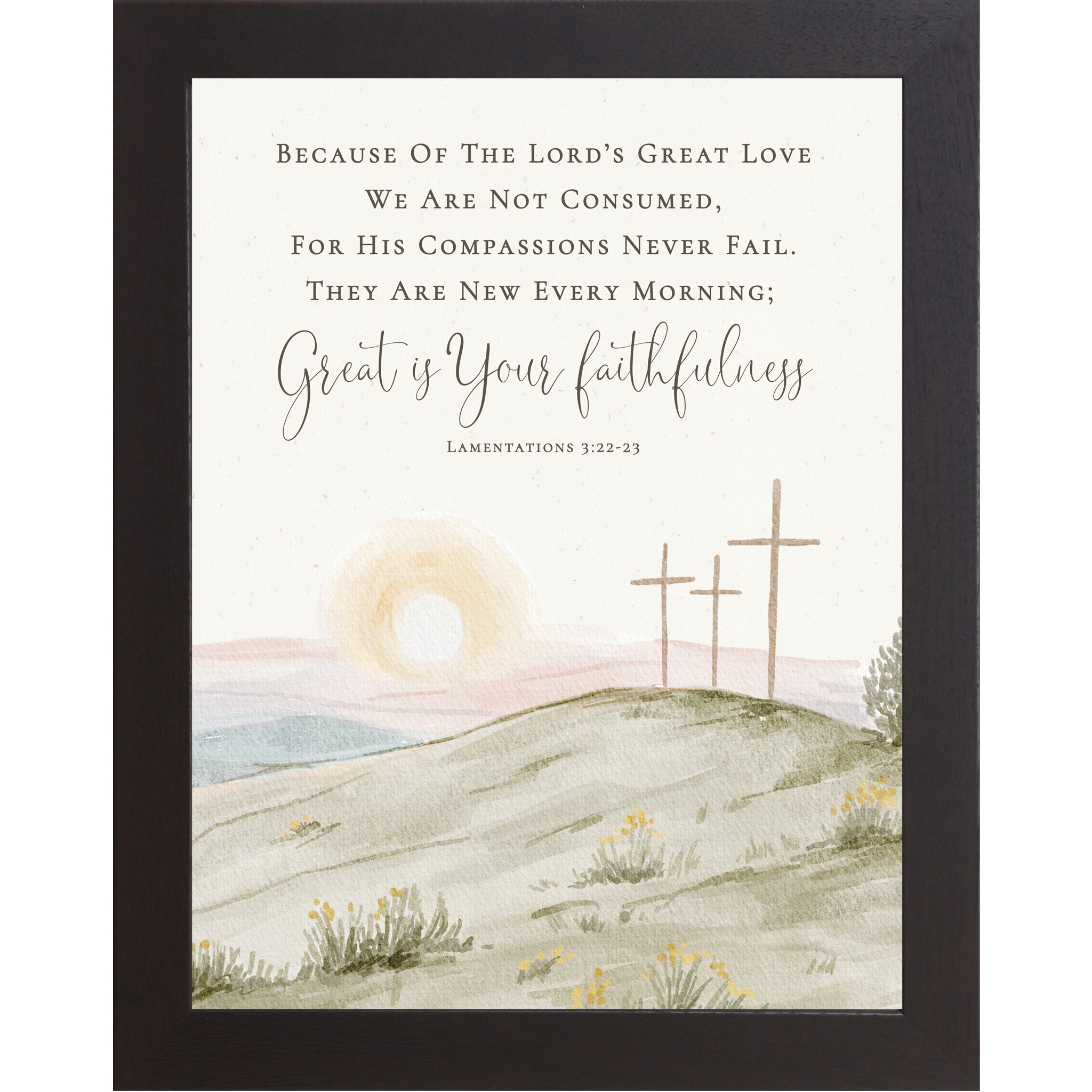 Vertical Lamentations 3:22-23 wall art featuring three crosses at sunrise with Great Is Your Faithfulness scripture on a neutral watercolor background.