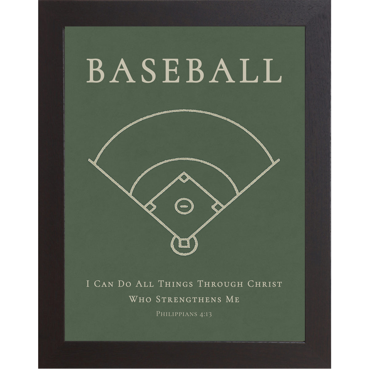 Black color frame with Baseball themed Christian wall art featuring a baseball diamond illustration with the Bible verse Philippians 4:13 on a green background.