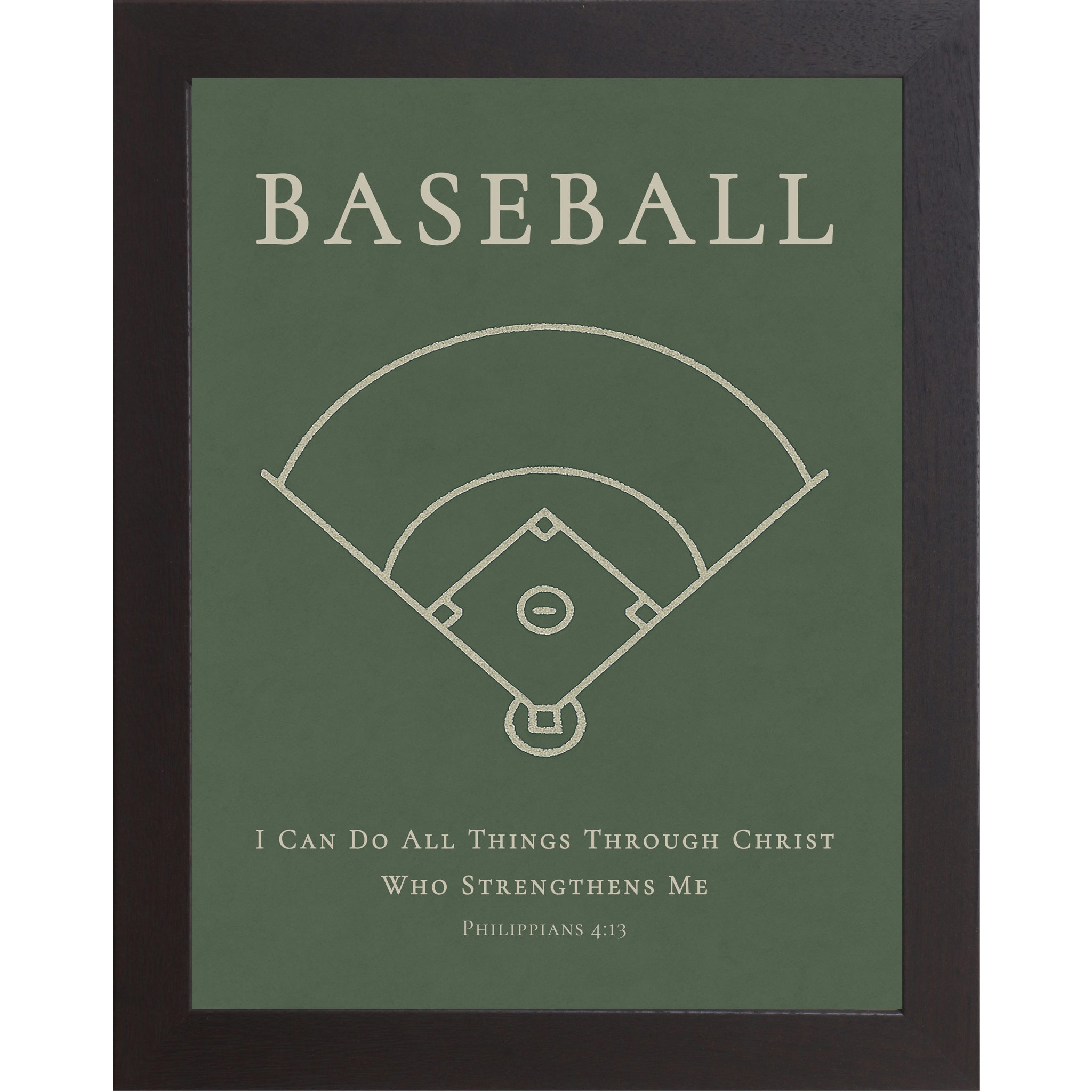 Black color frame with Baseball themed Christian wall art featuring a baseball diamond illustration with the Bible verse Philippians 4:13 on a green background.